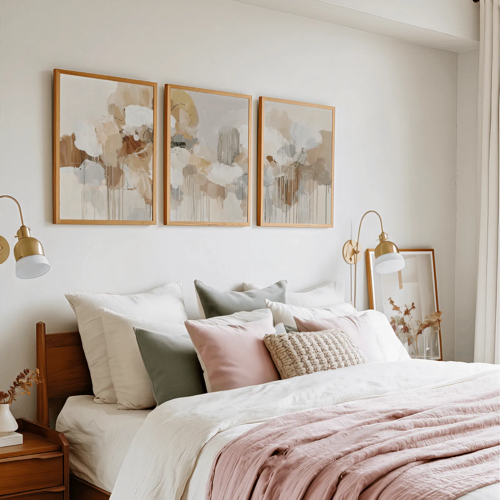 beige and grey abstract triptych wall art, in a row above a pink and cream bed with brass sconces