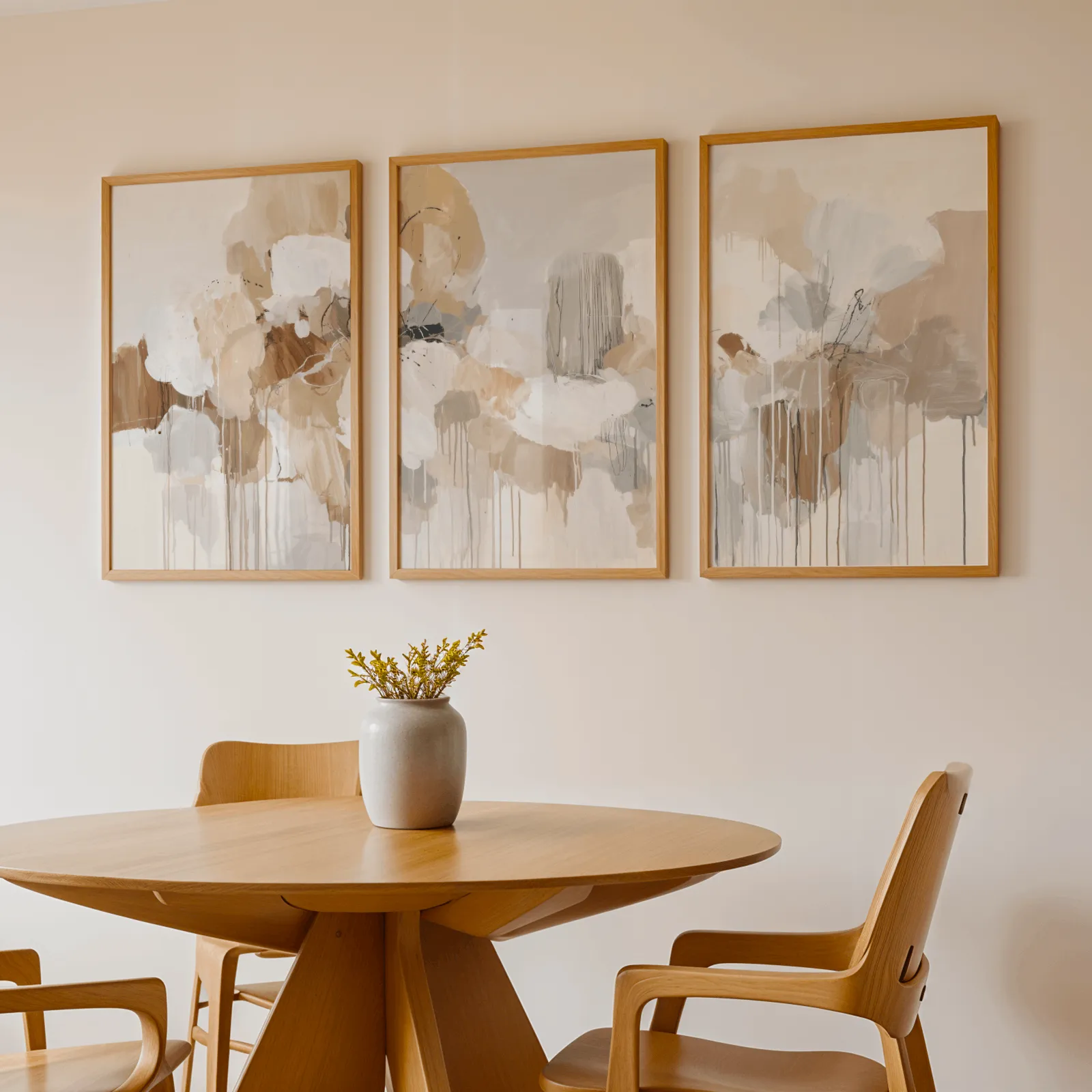 beige and grey abstract triptych wall art, above a round wooden table with a stoneware vase