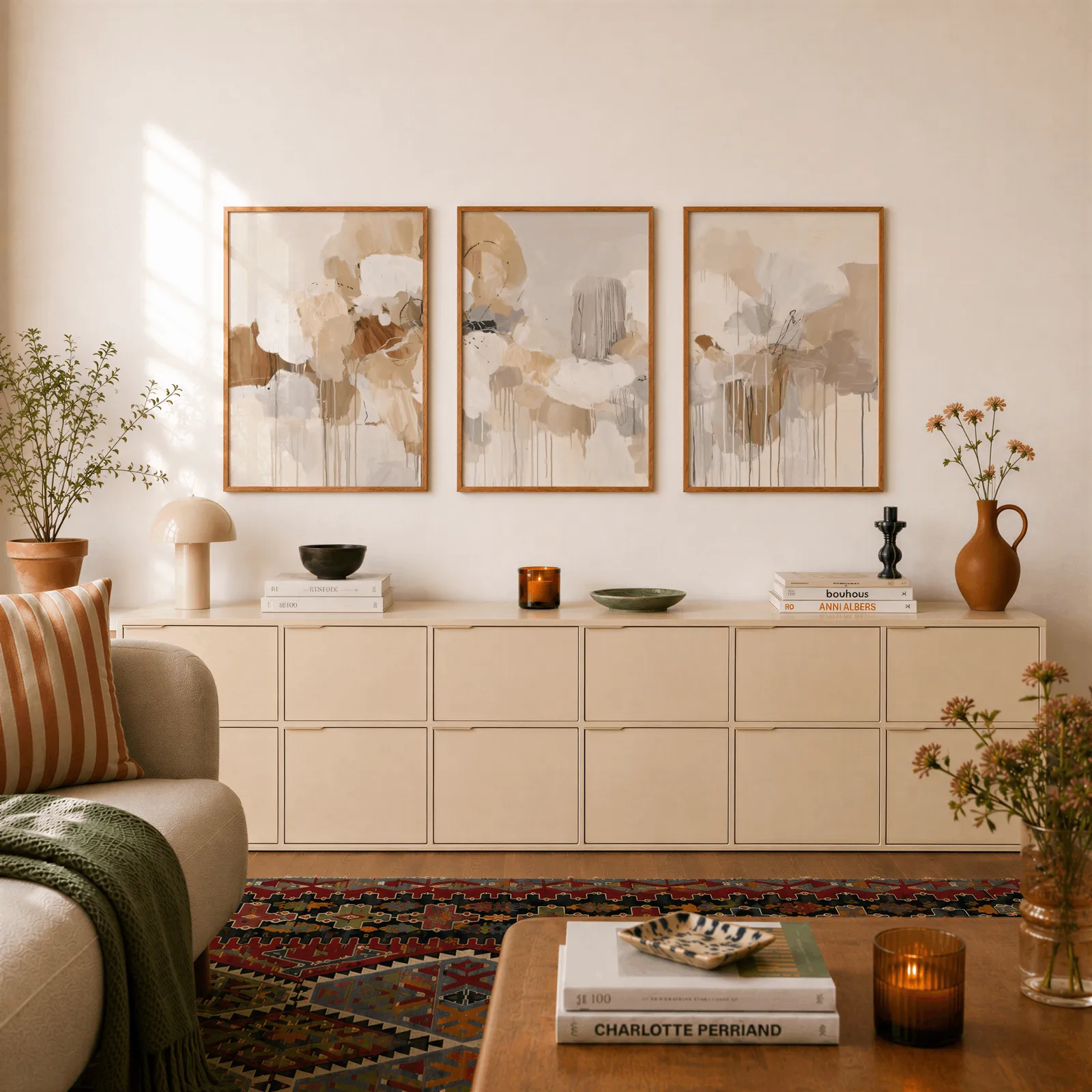 beige and grey abstract triptych wall art, above a long cream sideboard topped with books and a terracotta jug