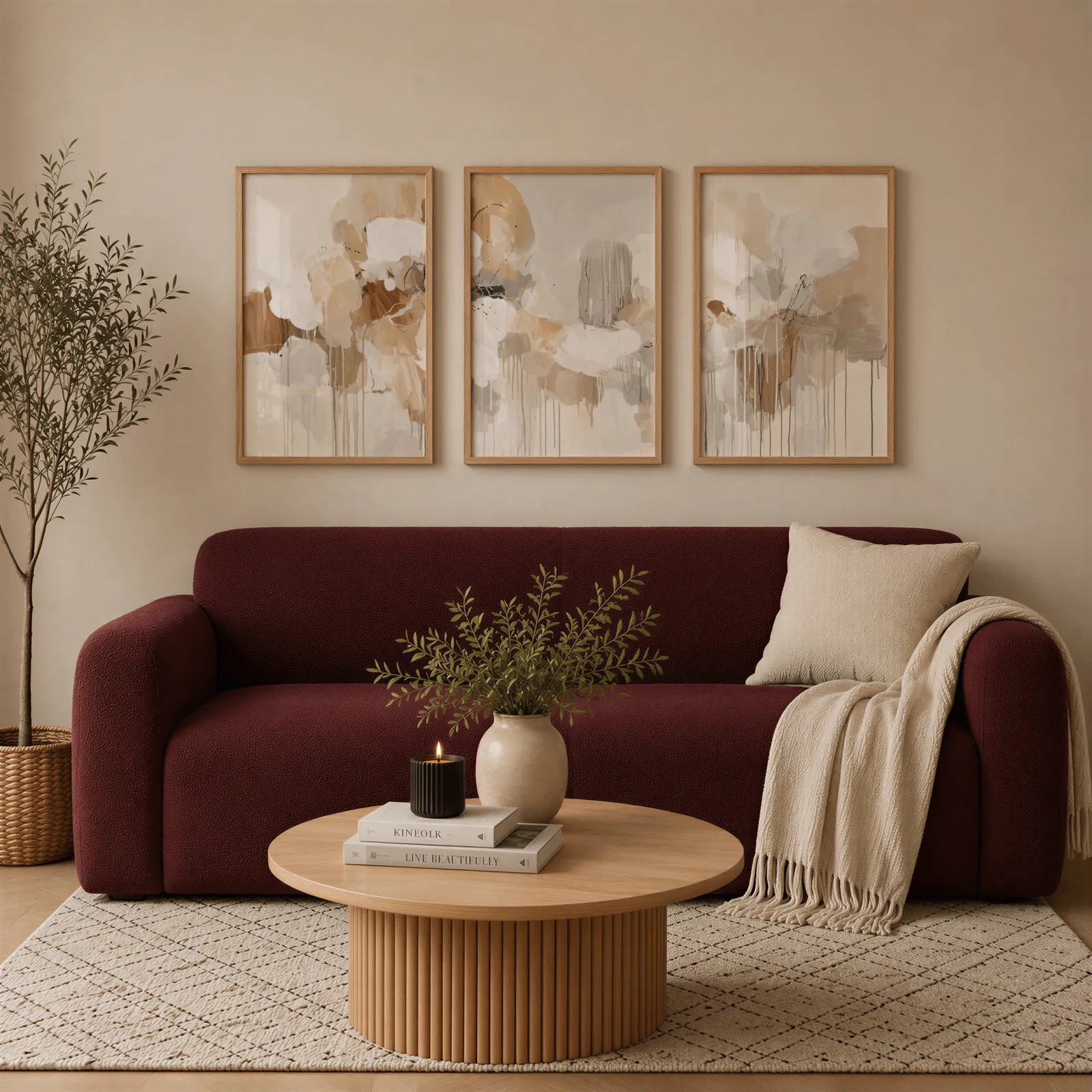beige and grey abstract triptych wall art, above a burgundy boucle sofa with a cream throw
