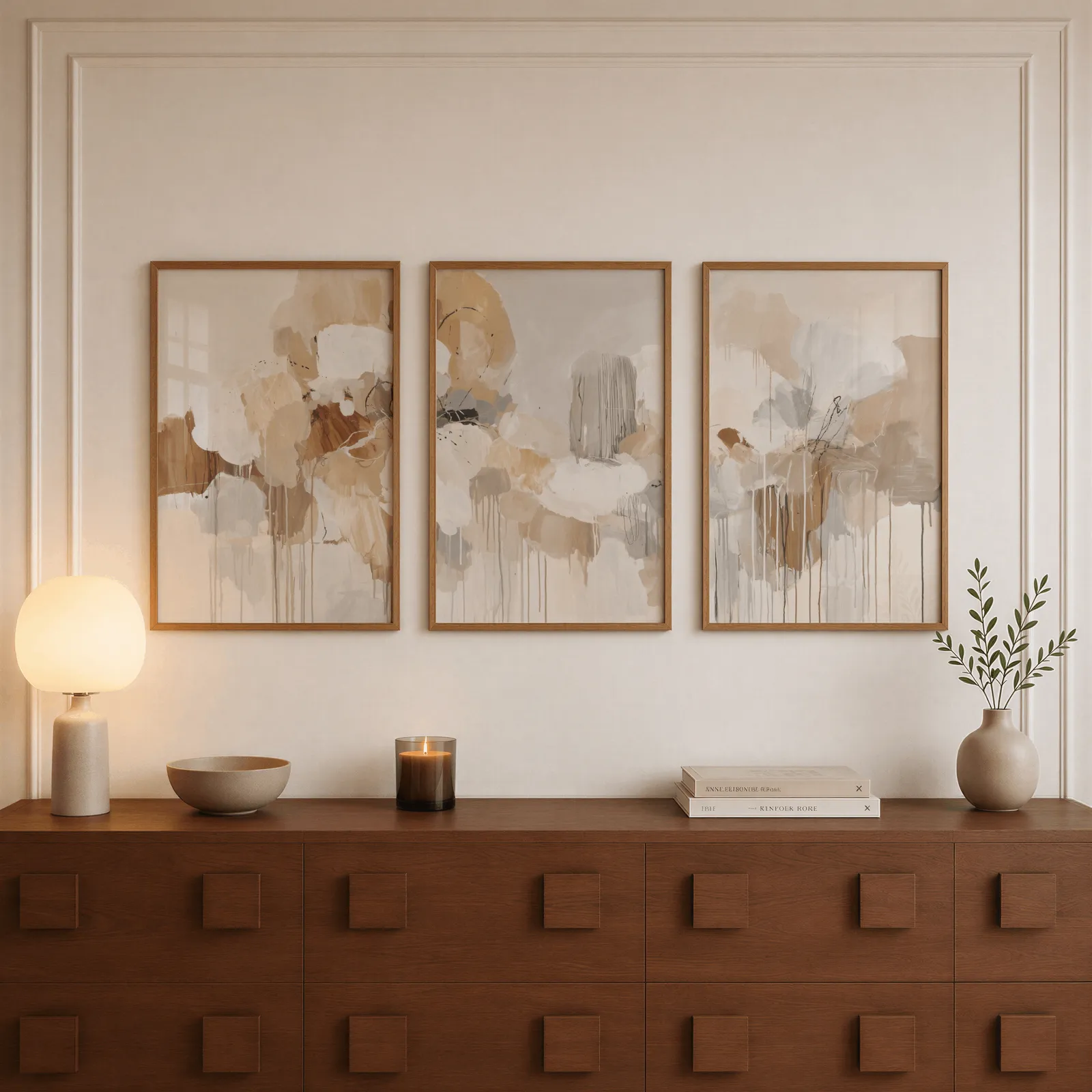 beige and grey abstract triptych wall art, above a walnut sideboard with a lit candle and glowing lamp