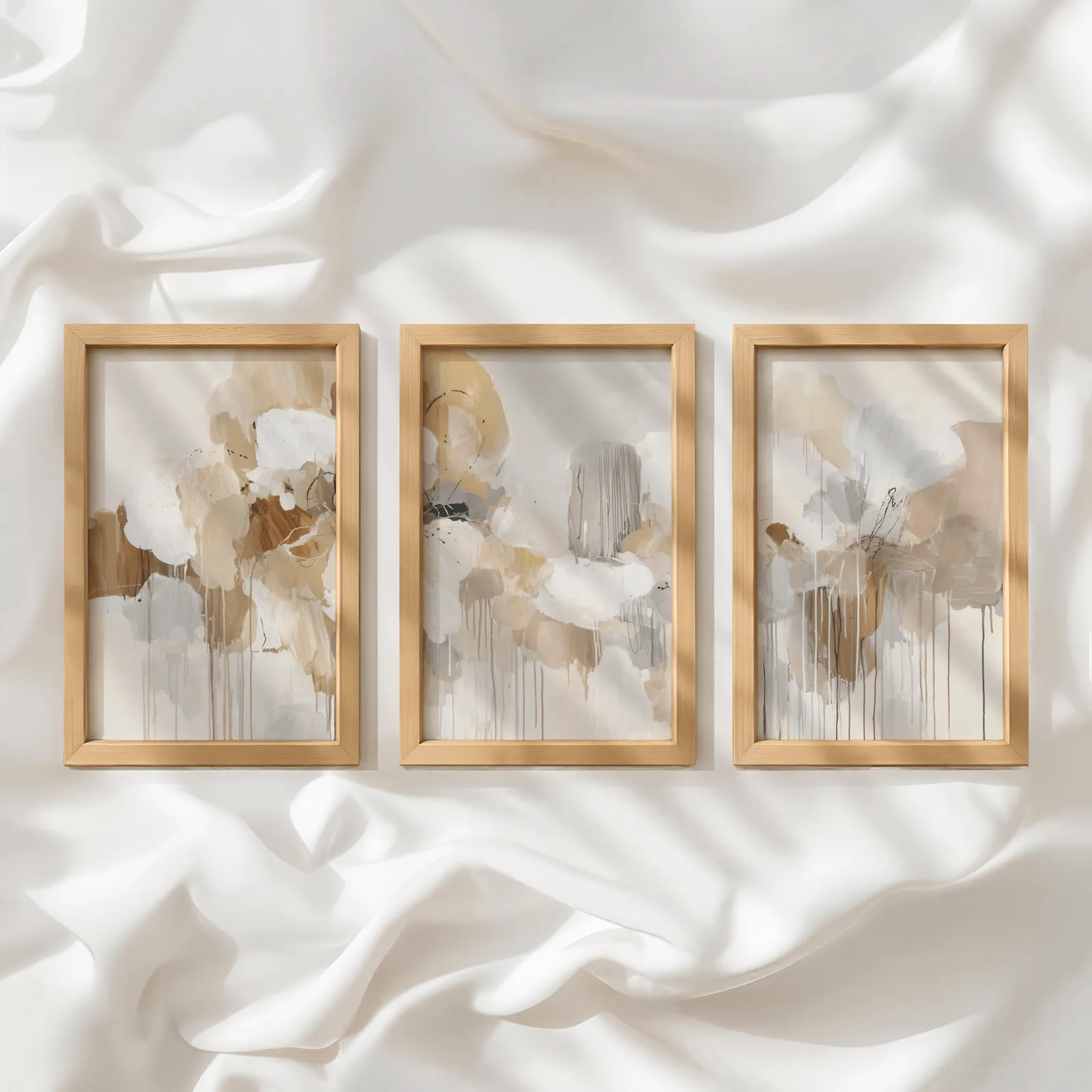beige and grey abstract triptych wall art, in a row atop rumpled white silky fabric