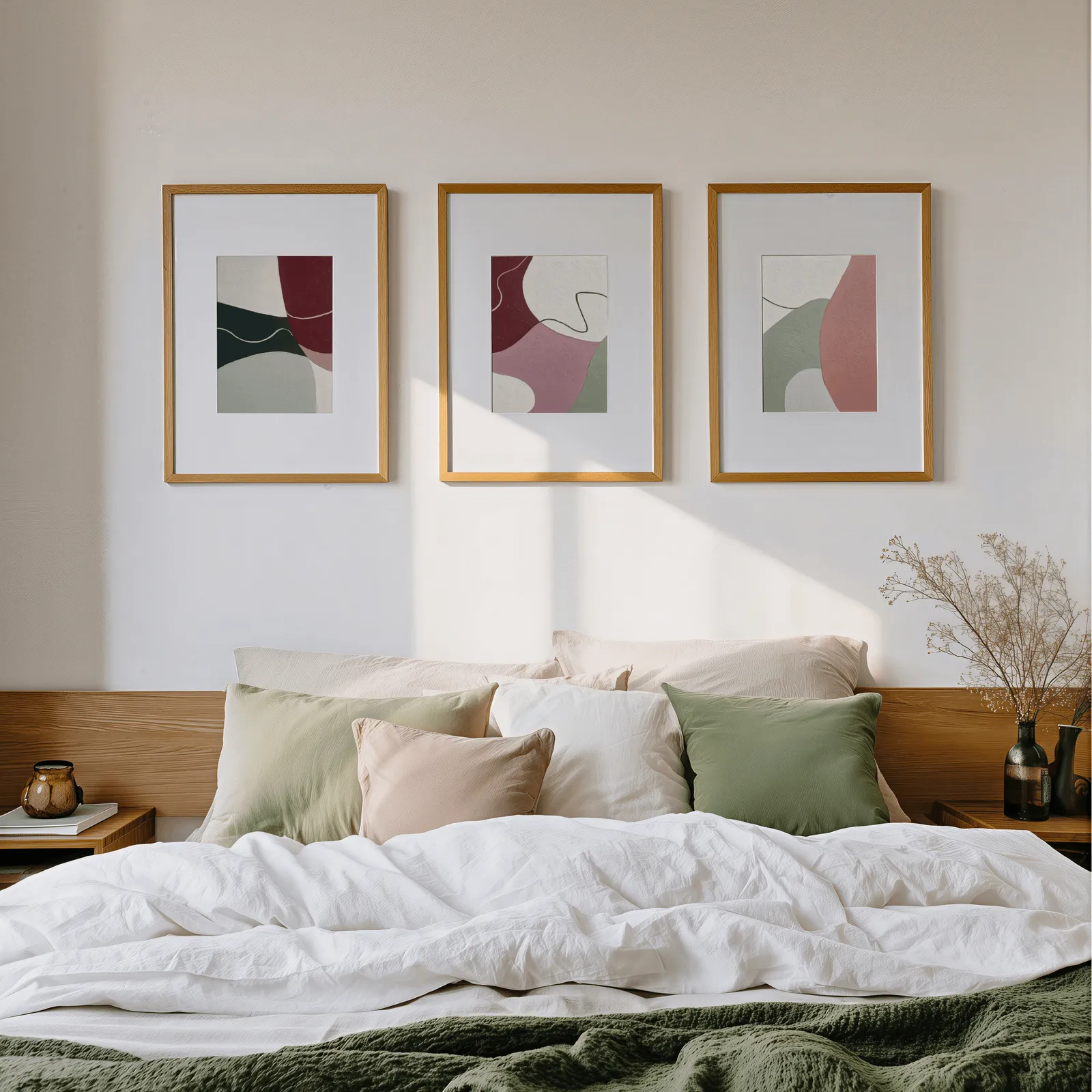 abstract triptych wall art in burgundy and pink, above a wooden headboard scattered with sage and blush pillows