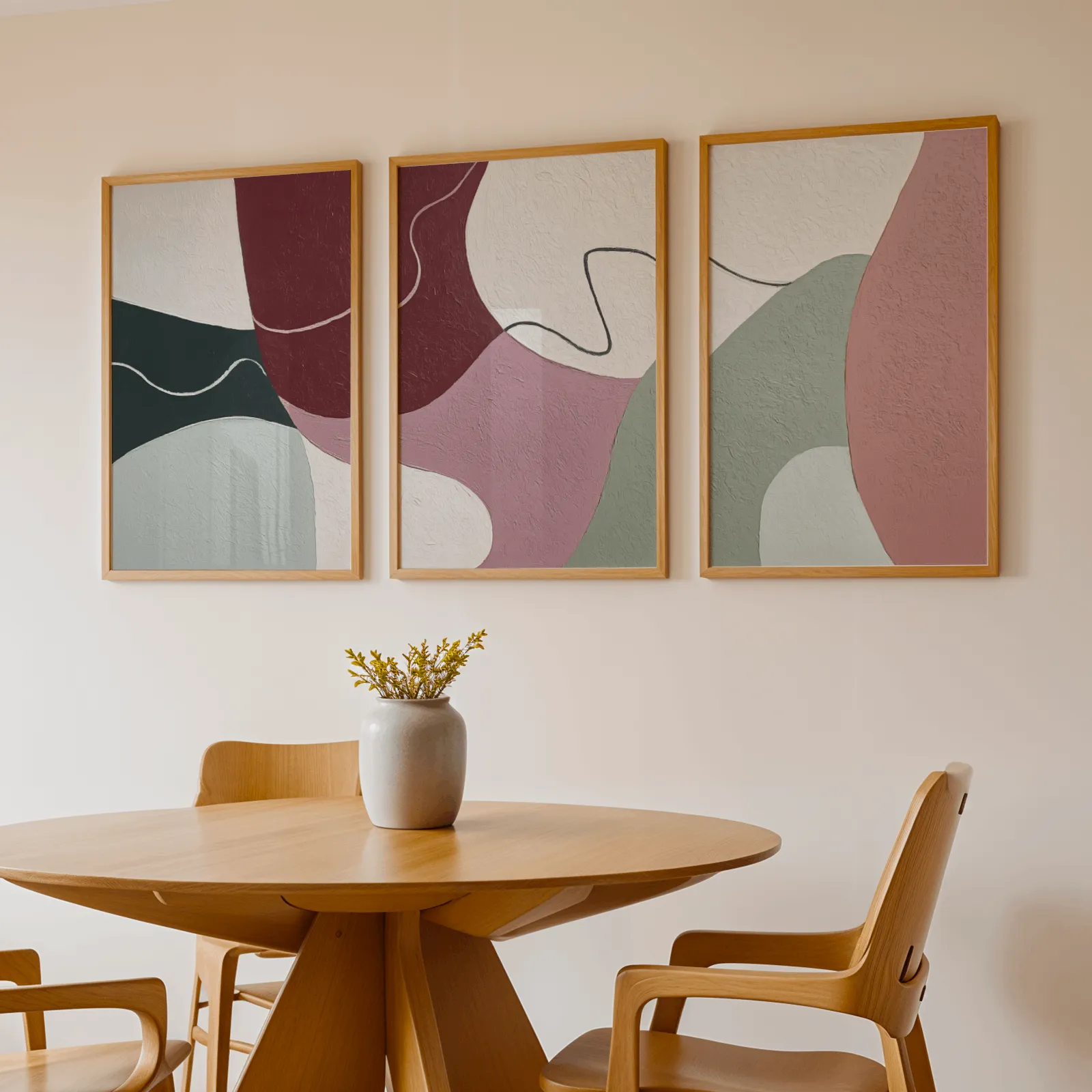 abstract triptych wall art in burgundy and pink, above a round wooden table with a stoneware vase
