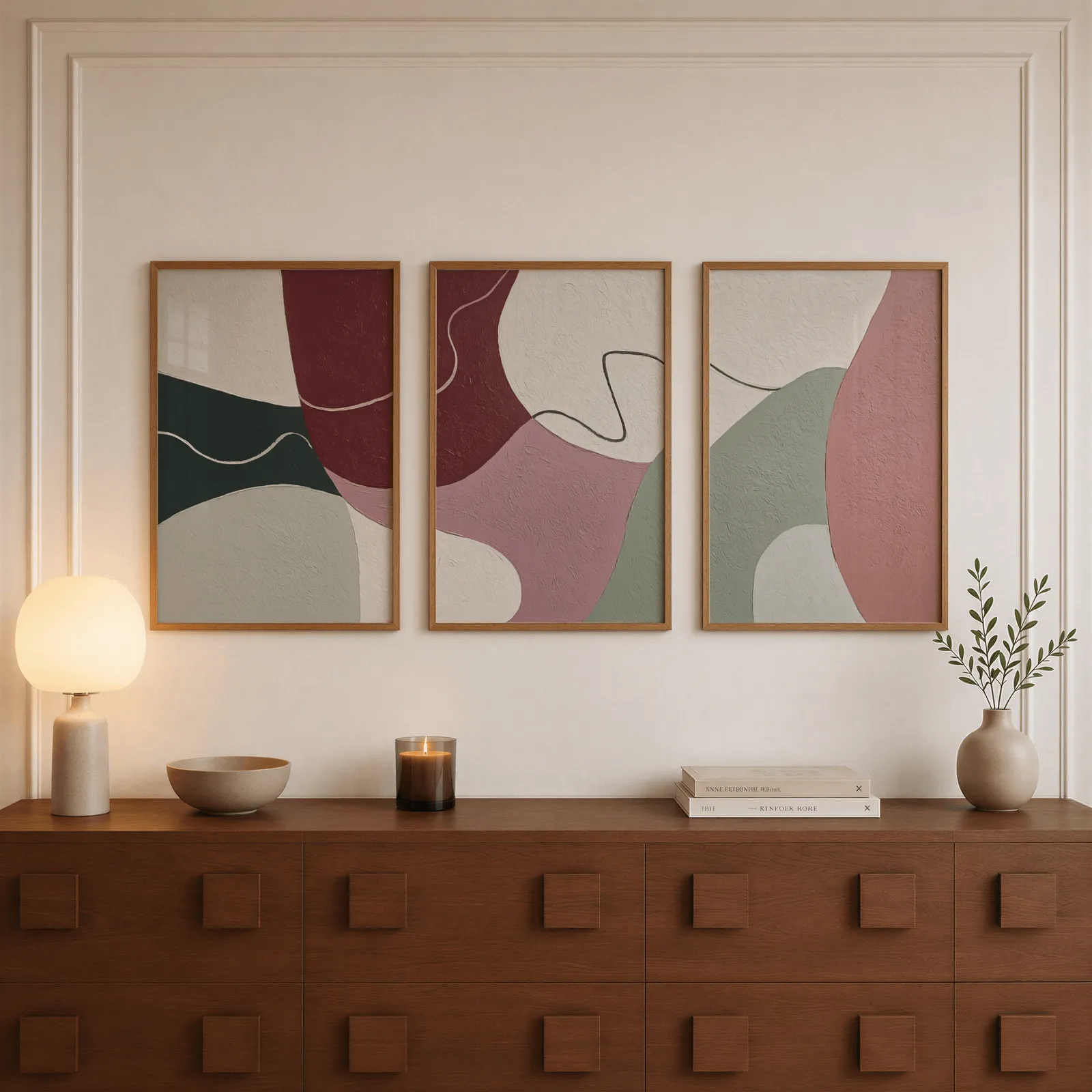 abstract triptych wall art in burgundy and pink, above a walnut sideboard with a lit candle and glowing lamp