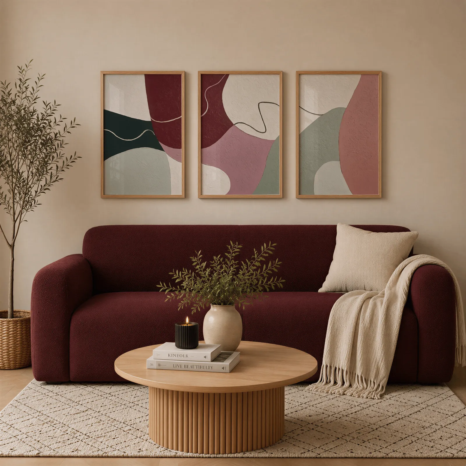 abstract triptych wall art in burgundy and pink, above a burgundy boucle sofa with a cream throw