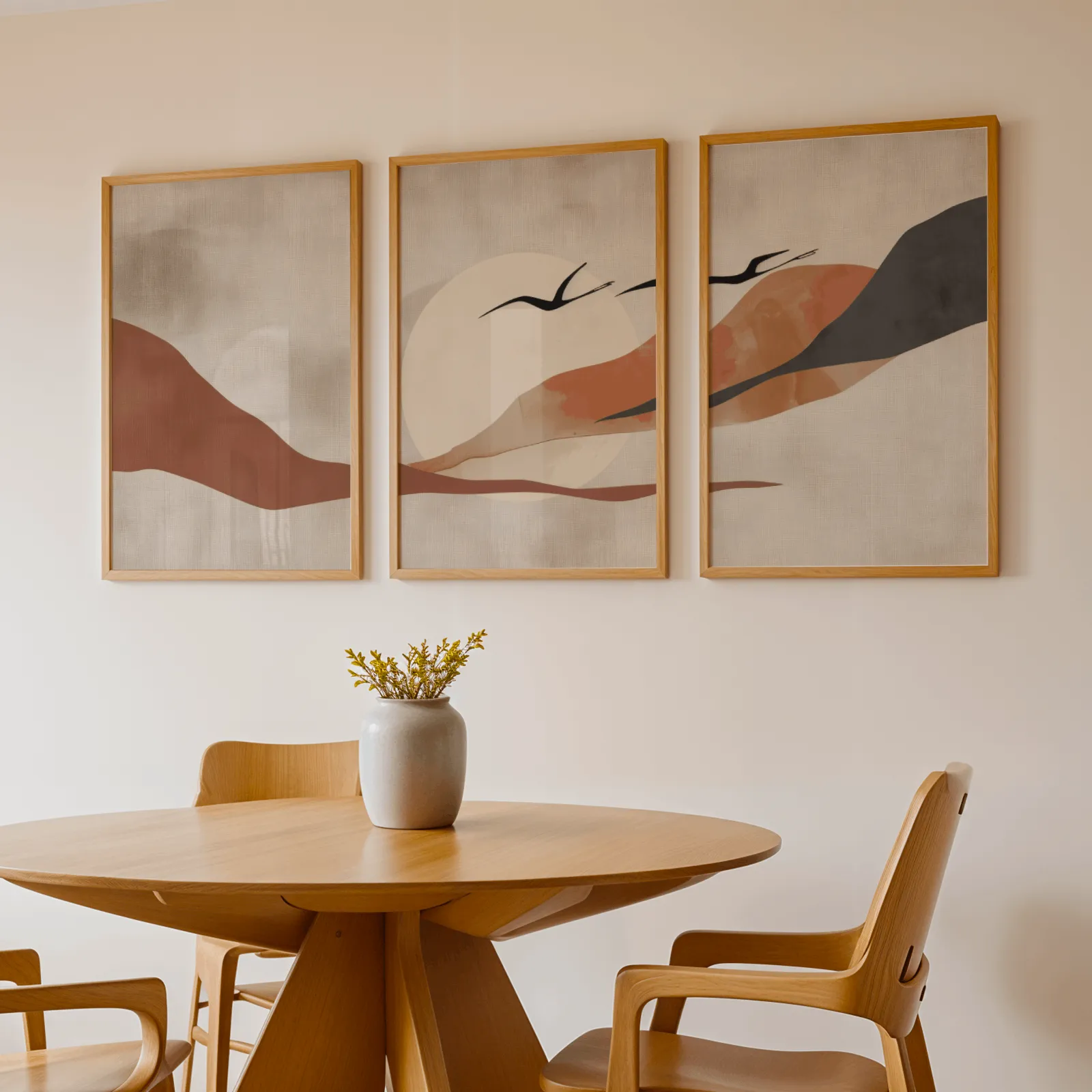 terracotta landscape wall art set of 3 with birds, above a round wooden table with a stoneware vase