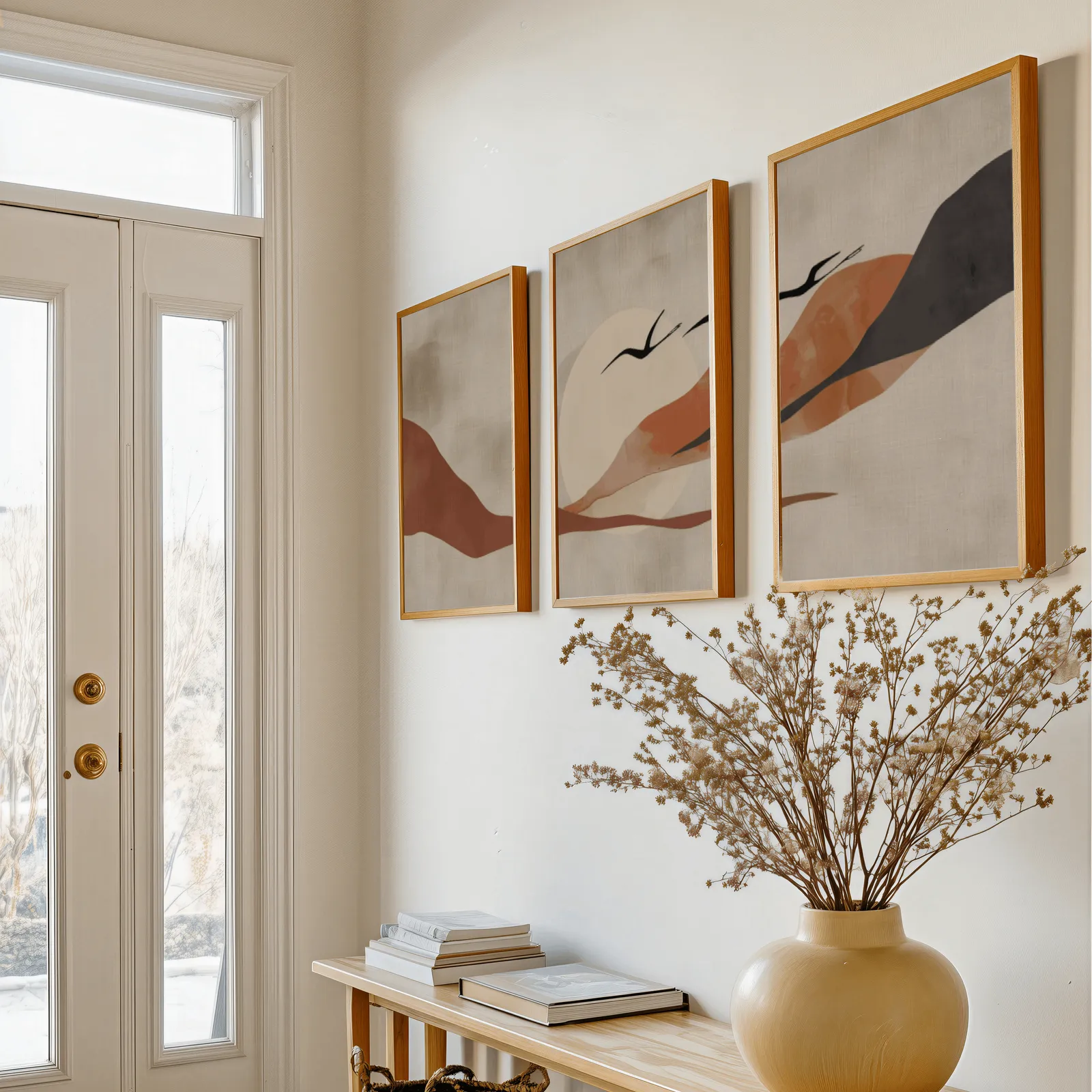 terracotta landscape wall art set of 3 with birds, above a console table with a yellow vase of dried branches