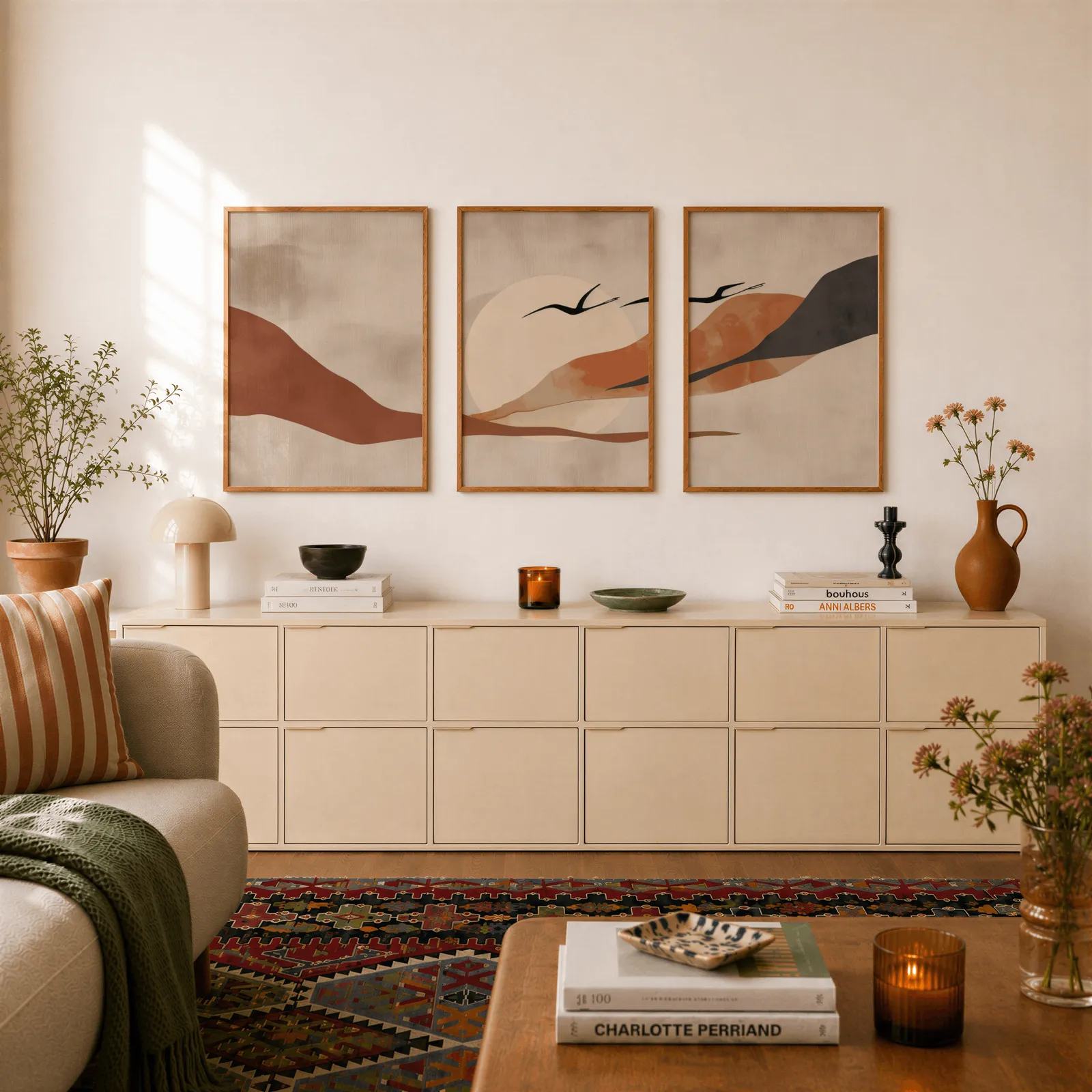 terracotta landscape wall art set of 3 with birds, above a long cream sideboard topped with books and a terracotta jug