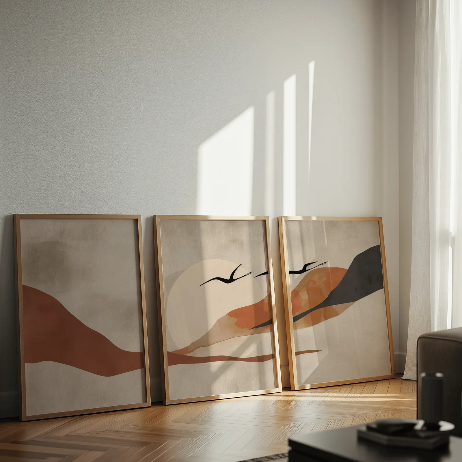 terracotta landscape wall art set of 3 with birds, leaning against a sunlit wall on herringbone flooring