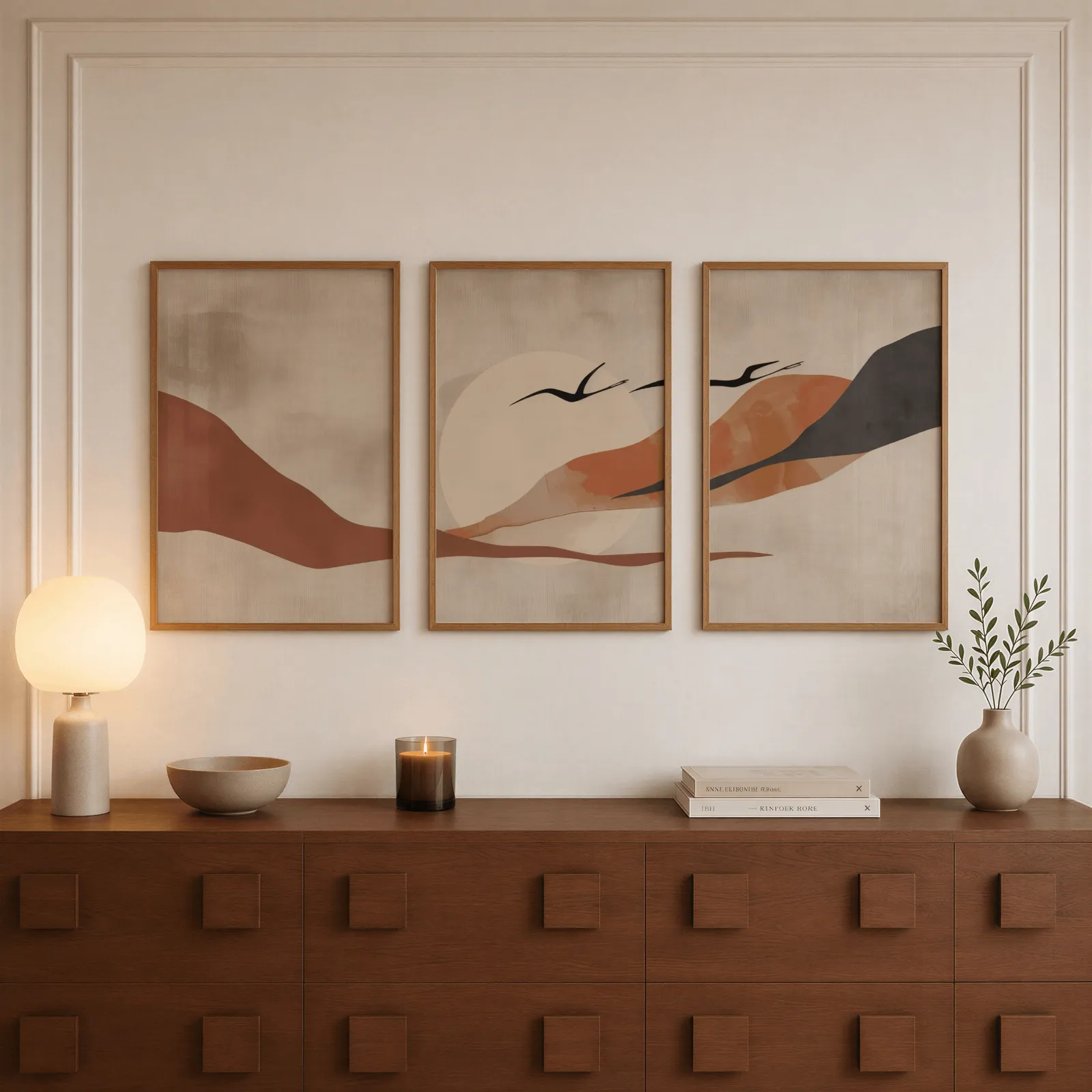 terracotta landscape wall art set of 3 with birds, above a walnut sideboard with a lit candle and glowing lamp