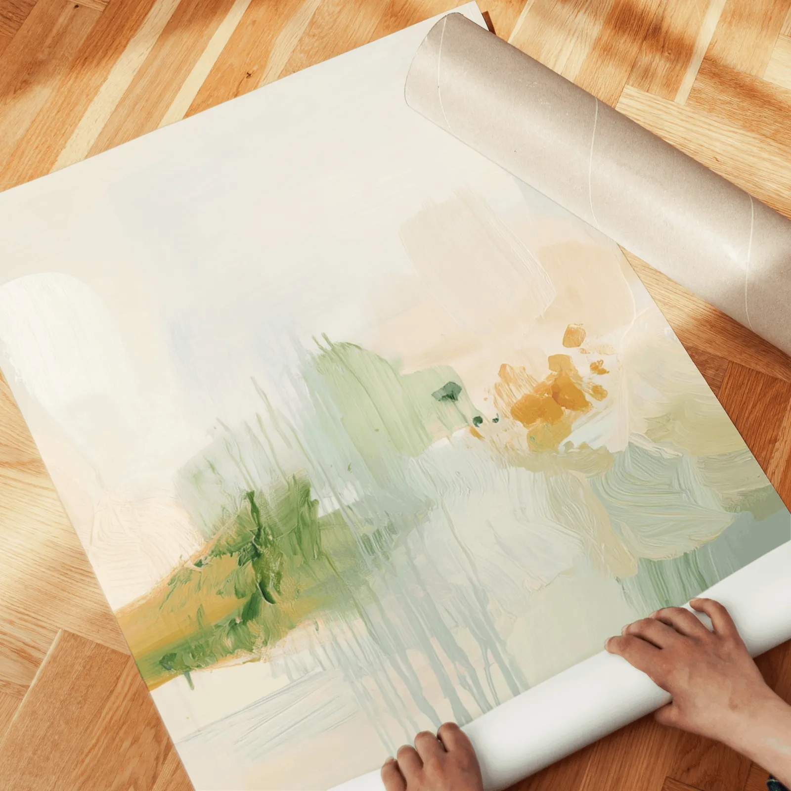 abstract wall art triptych in green and terracotta, unrolled across a herringbone wood floor by hand