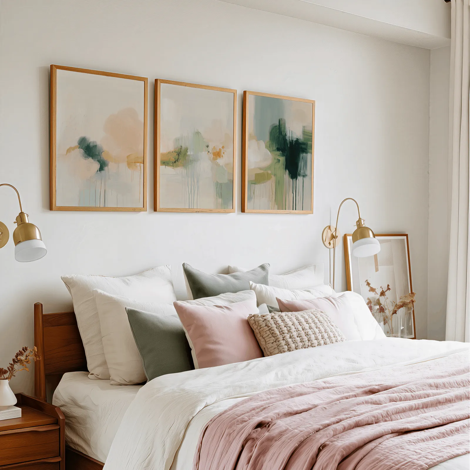 abstract wall art triptych in green and terracotta, in a row above a pink and cream bed with brass sconces