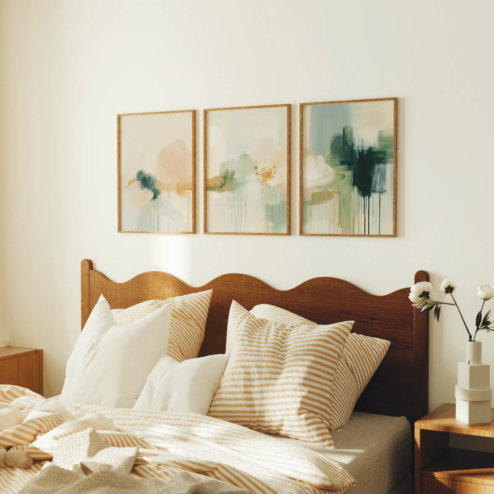 abstract wall art triptych in green and terracotta, above a scalloped wooden headboard with striped pillows