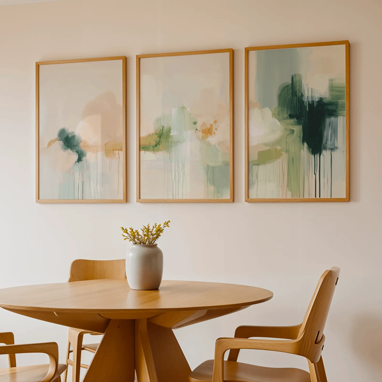 abstract wall art triptych in green and terracotta, above a round wooden table with a stoneware vase