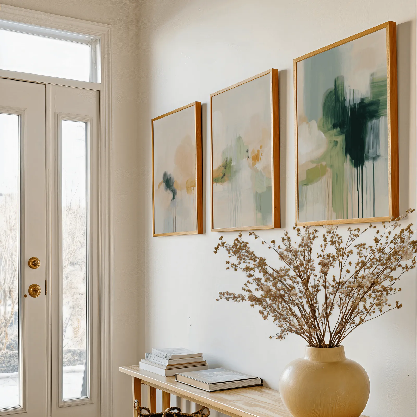 abstract wall art triptych in green and terracotta, above a console table with a yellow vase of dried branches