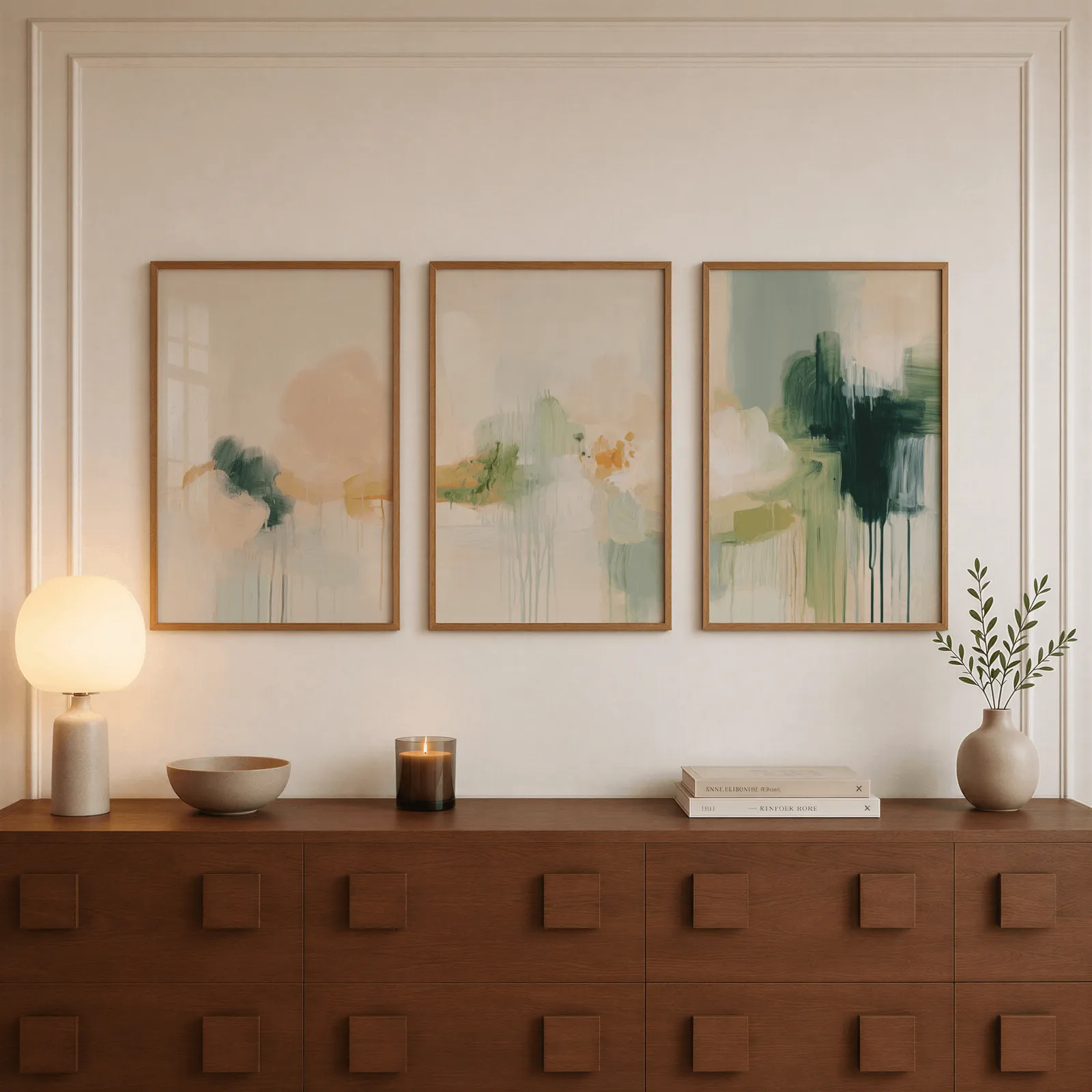 abstract wall art triptych in green and terracotta, above a walnut sideboard with a lit candle and glowing lamp