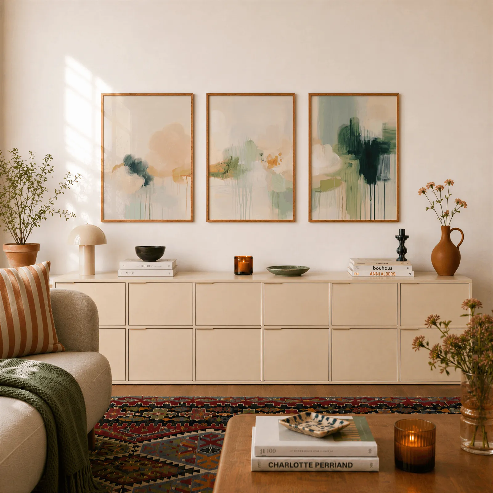abstract wall art triptych in green and terracotta, above a long cream sideboard topped with books and a terracotta jug