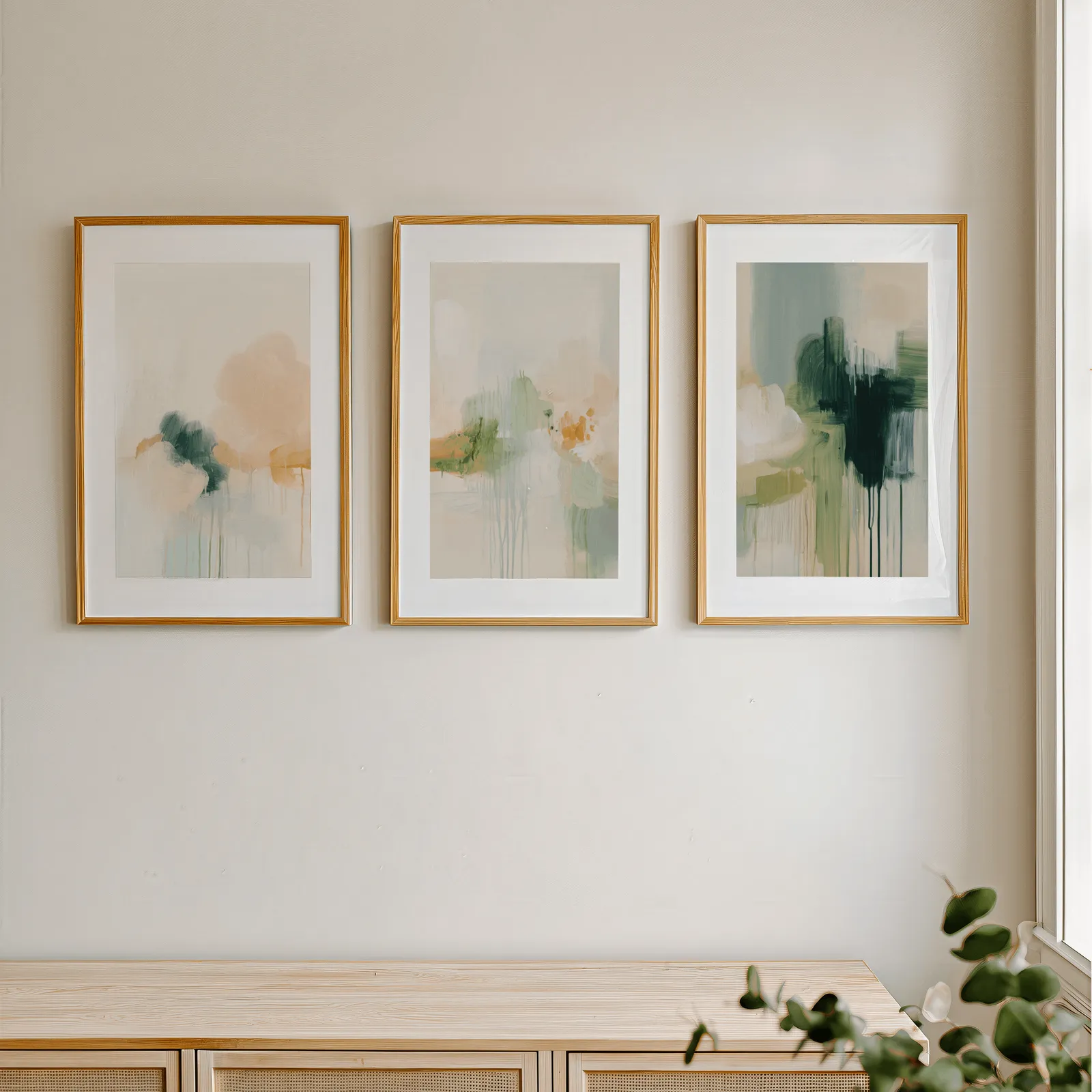 abstract wall art triptych in green and terracotta, in a row above a light wooden sideboard near a window