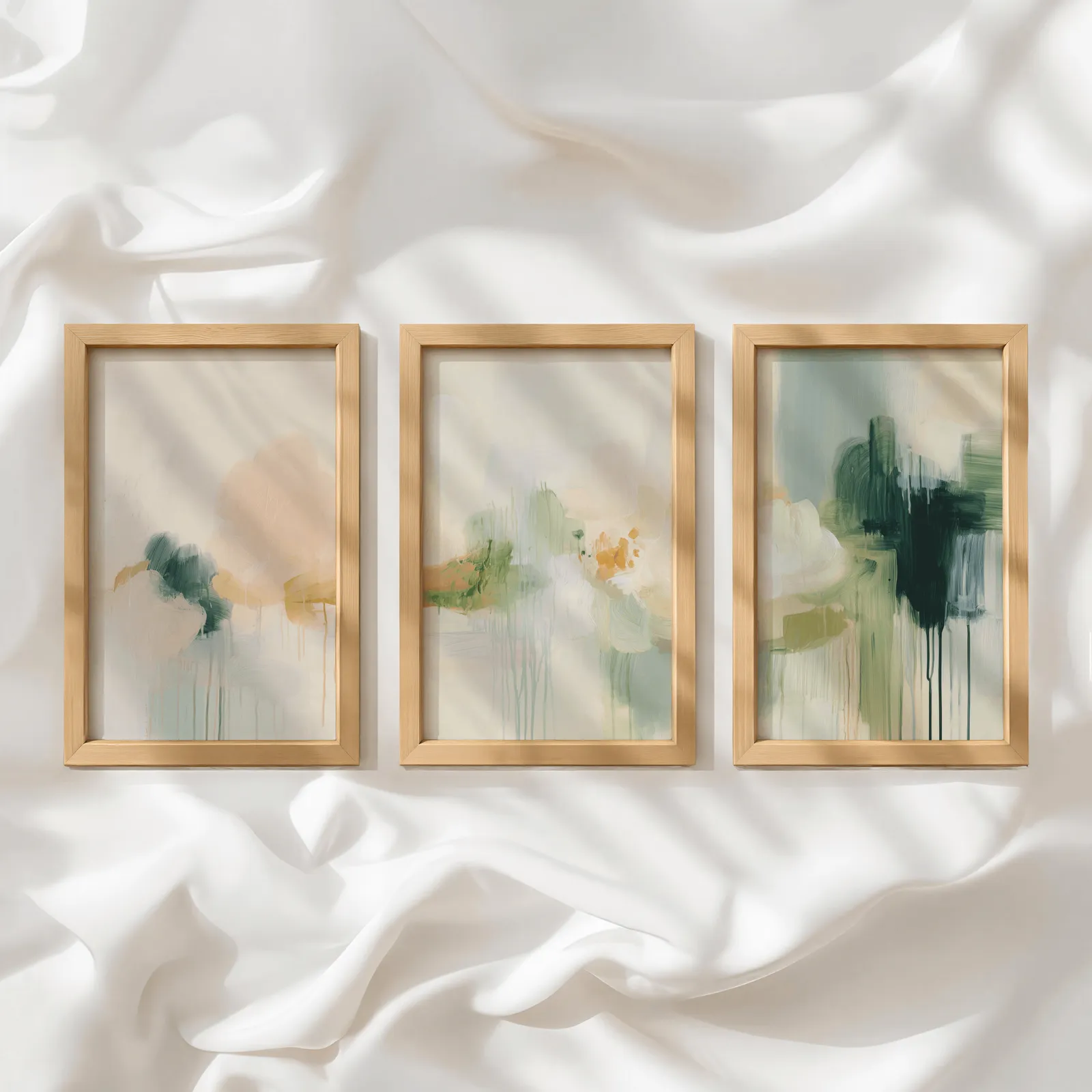 abstract wall art triptych in green and terracotta, in a row atop rumpled white silky fabric