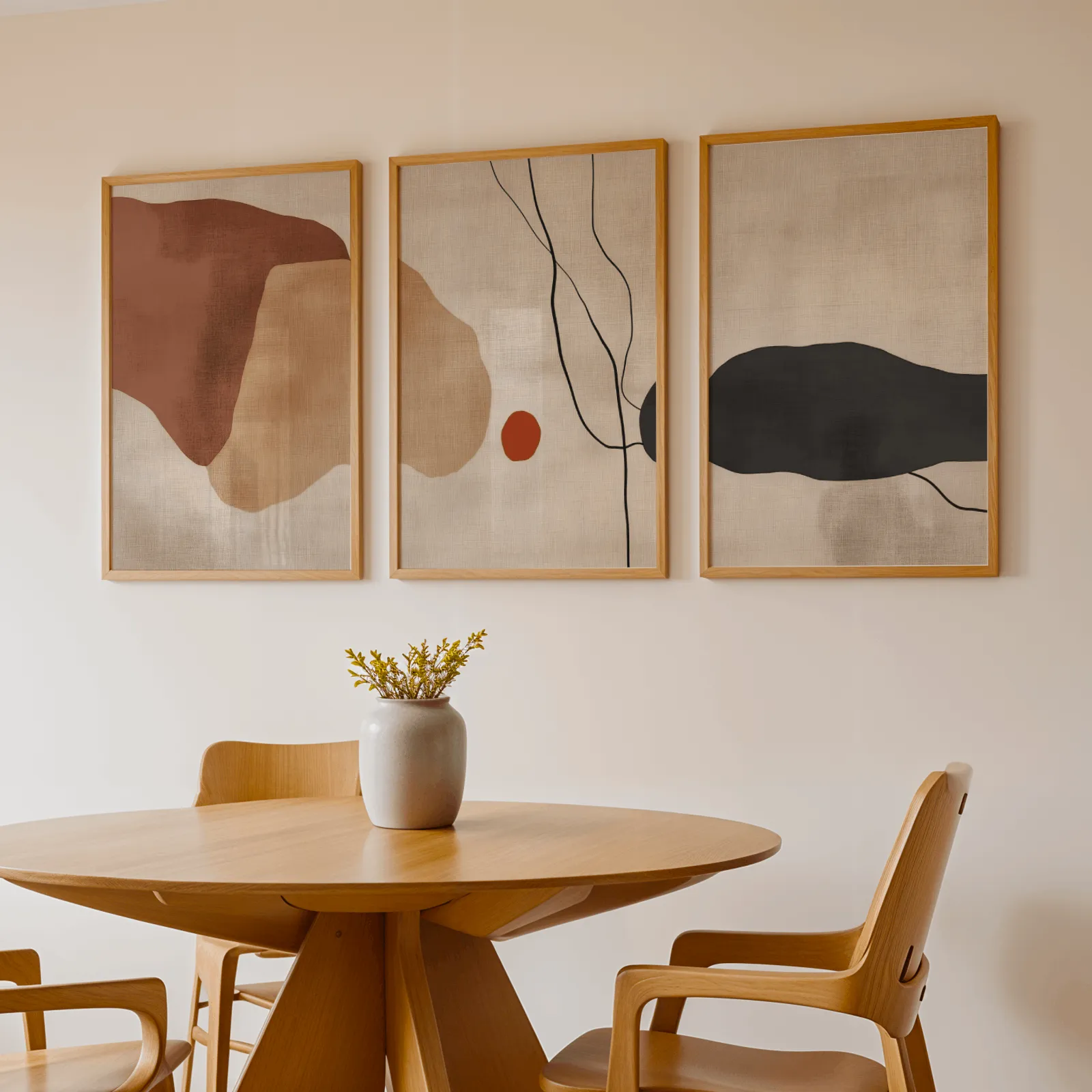 terracotta abstract minimalist wall art set of 3, above a round wooden table with a stoneware vase
