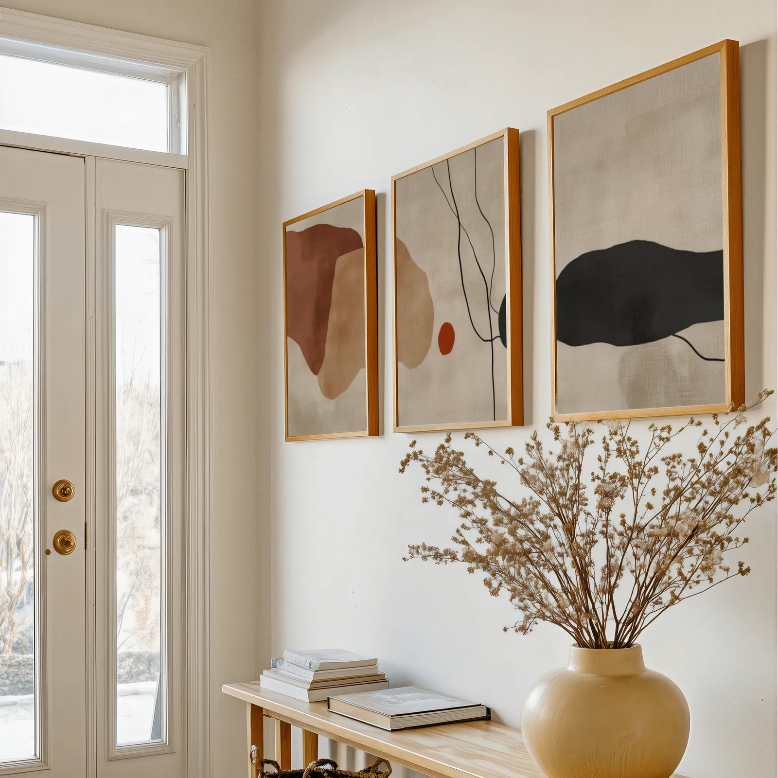 terracotta abstract minimalist wall art set of 3, above a console table with a yellow vase of dried branches