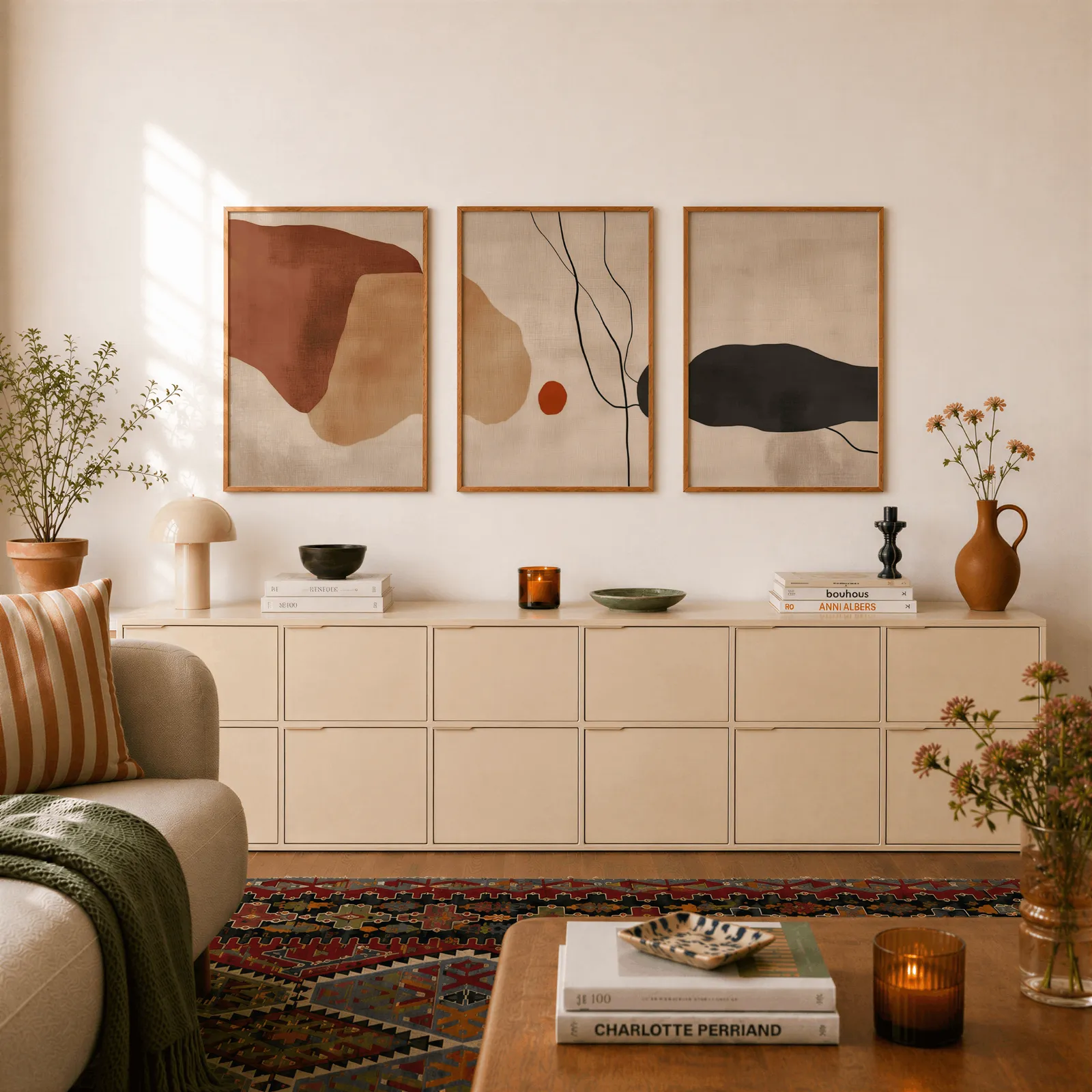 terracotta abstract minimalist wall art set of 3, above a long cream sideboard topped with books and a terracotta jug