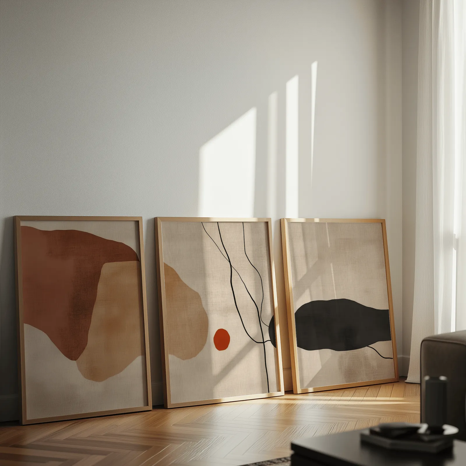 terracotta abstract minimalist wall art set of 3, leaning against a sunlit wall on herringbone flooring