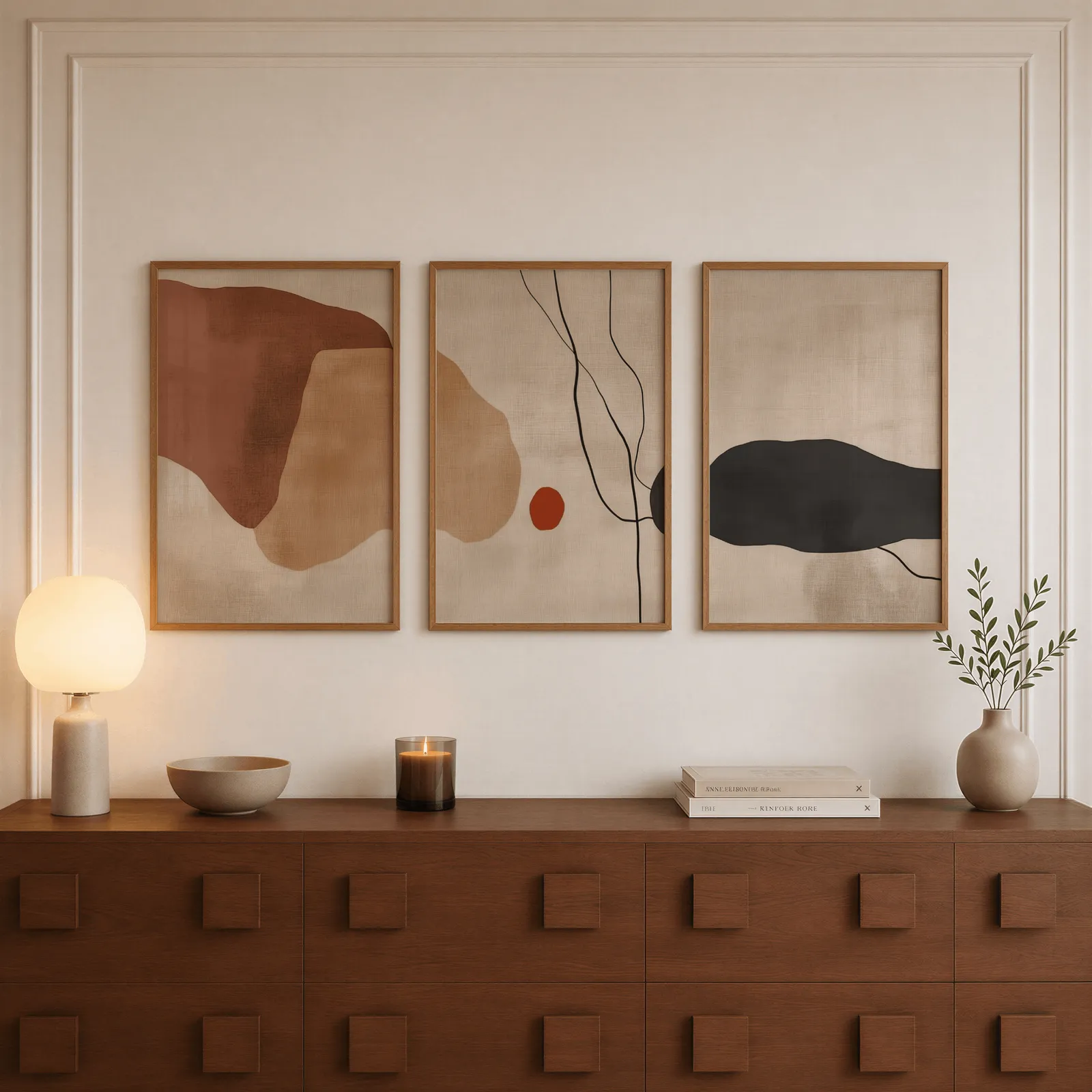 terracotta abstract minimalist wall art set of 3, above a walnut sideboard with a lit candle and glowing lamp