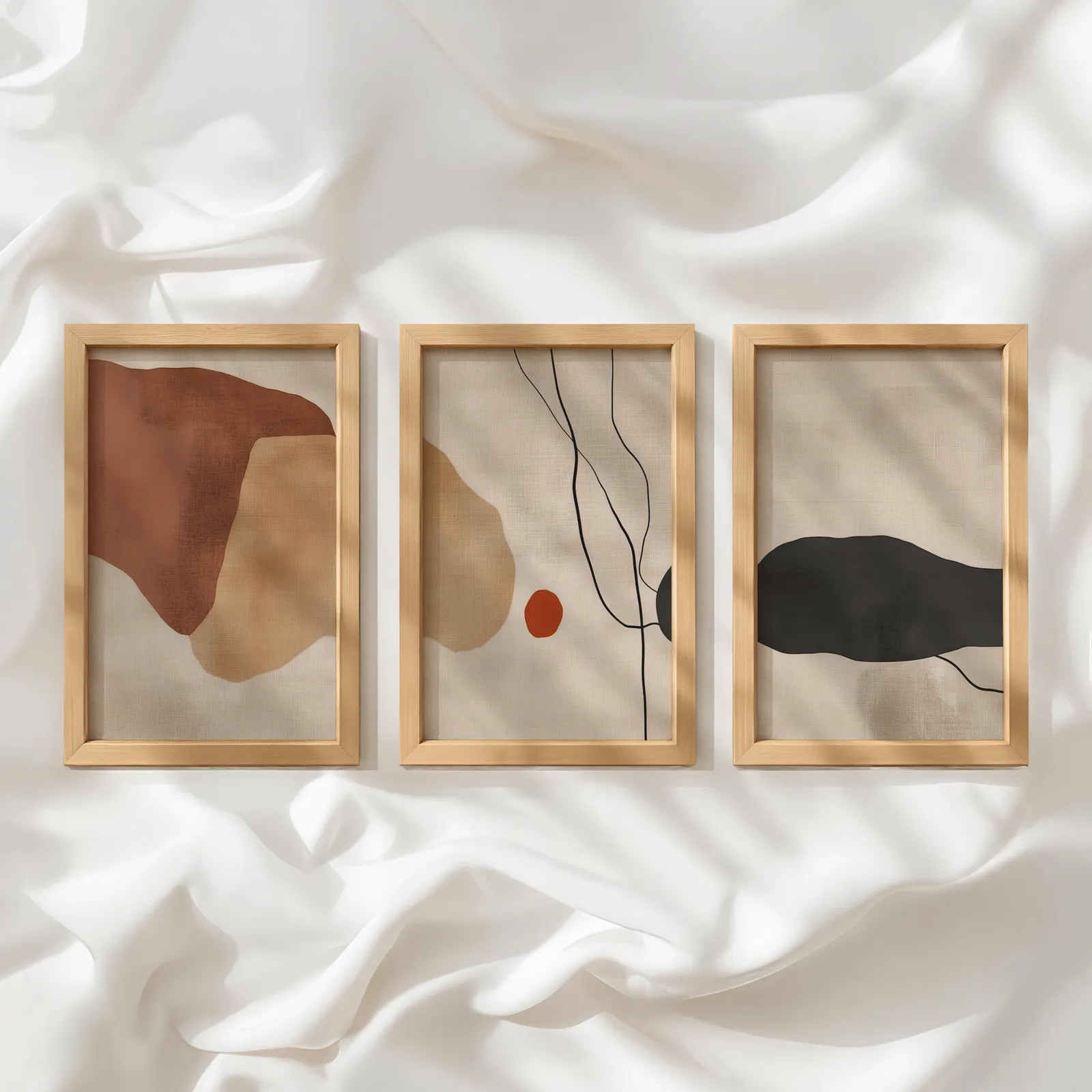 terracotta abstract minimalist wall art set of 3, in a row atop rumpled white silky fabric