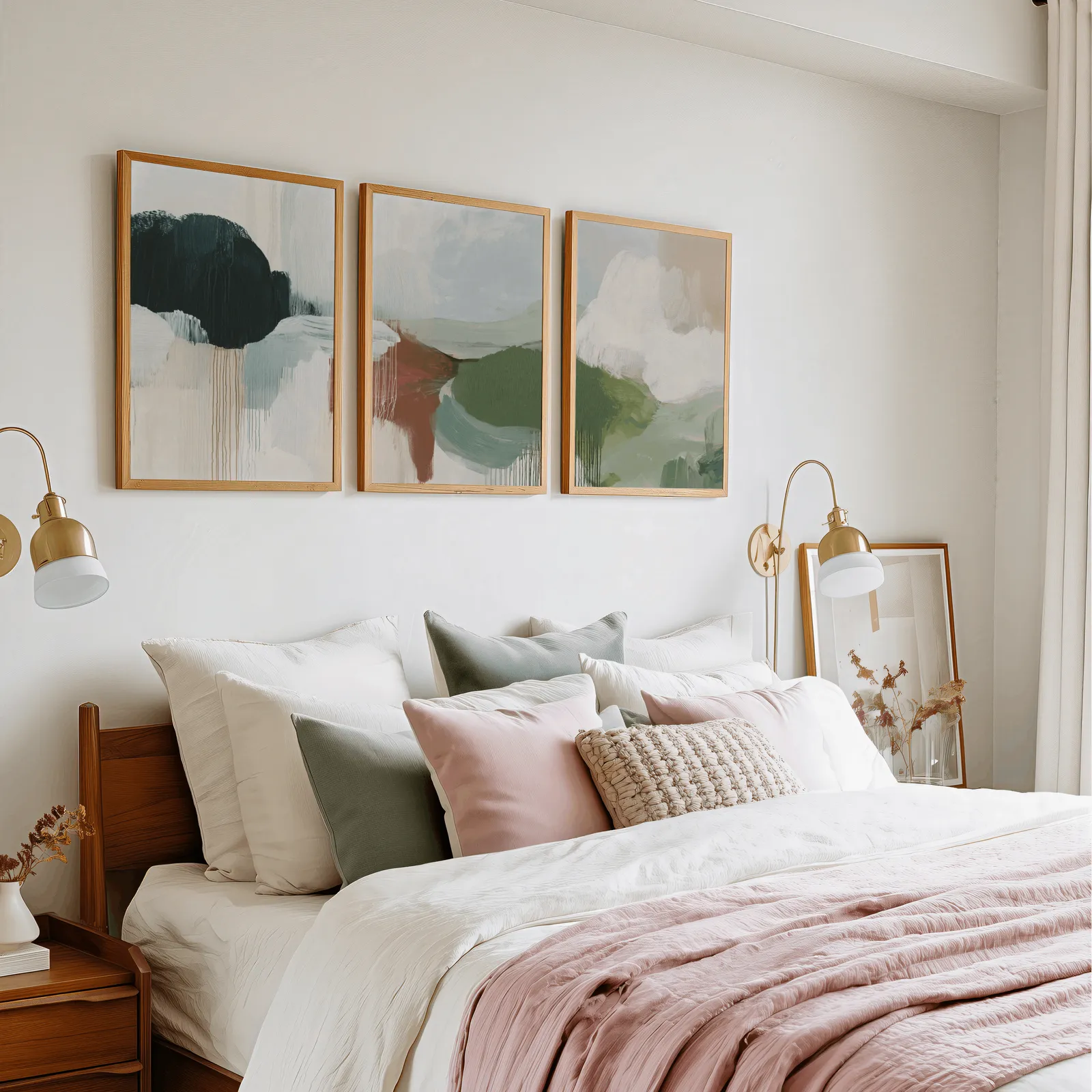 green terracotta abstract wall art set of 3, in a row above a pink and cream bed with brass sconces