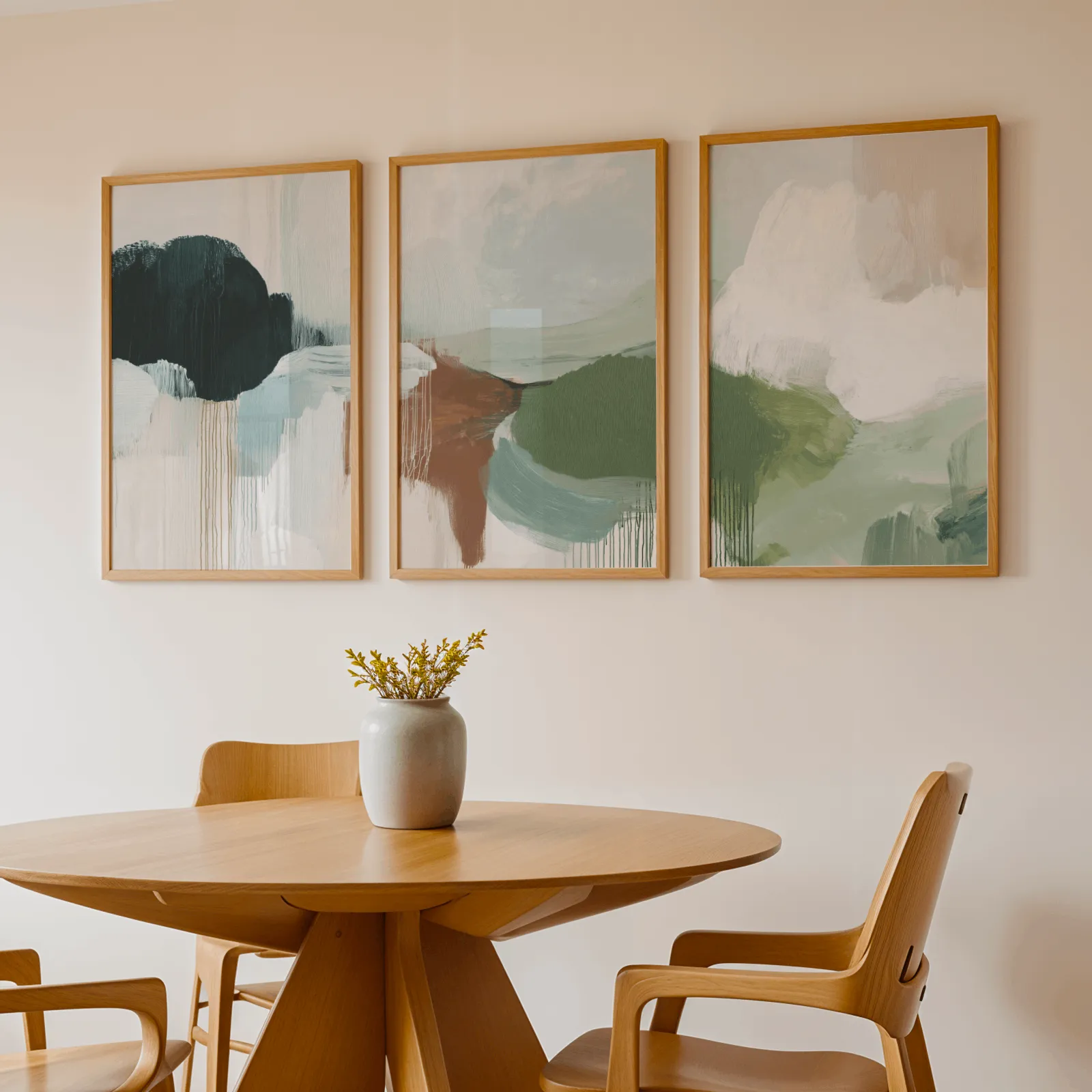 green terracotta abstract wall art set of 3, above a round wooden table with a stoneware vase