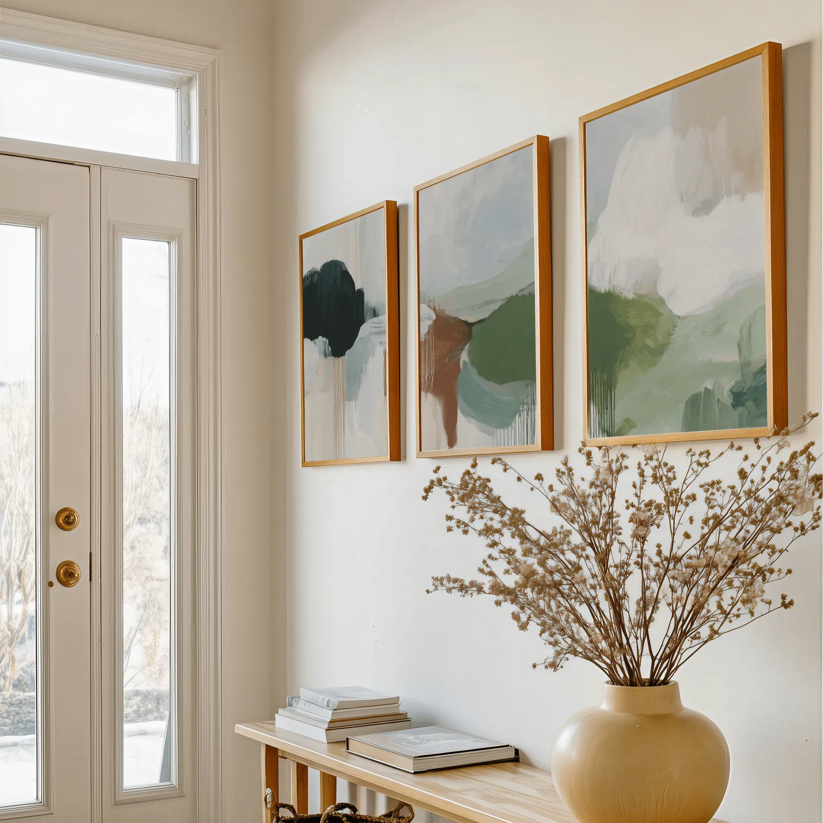 green terracotta abstract wall art set of 3, above a console table with a yellow vase of dried branches