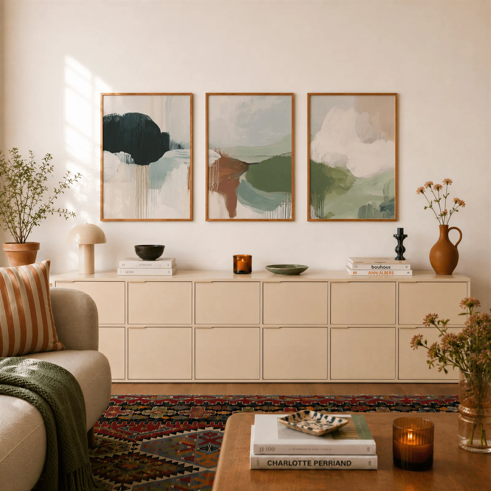 green terracotta abstract wall art set of 3, above a long cream sideboard topped with books and a terracotta jug