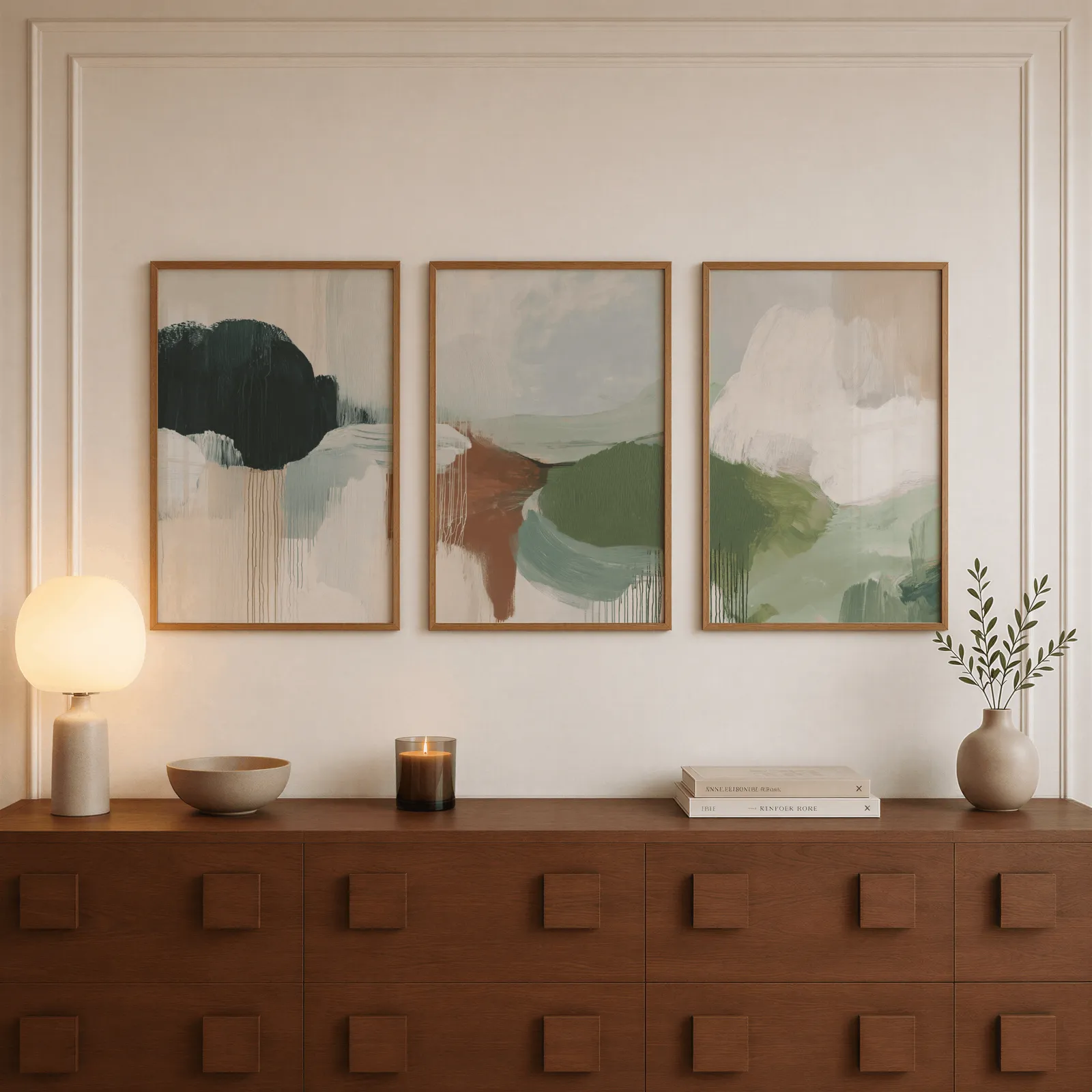 green terracotta abstract wall art set of 3, above a walnut sideboard with a lit candle and glowing lamp
