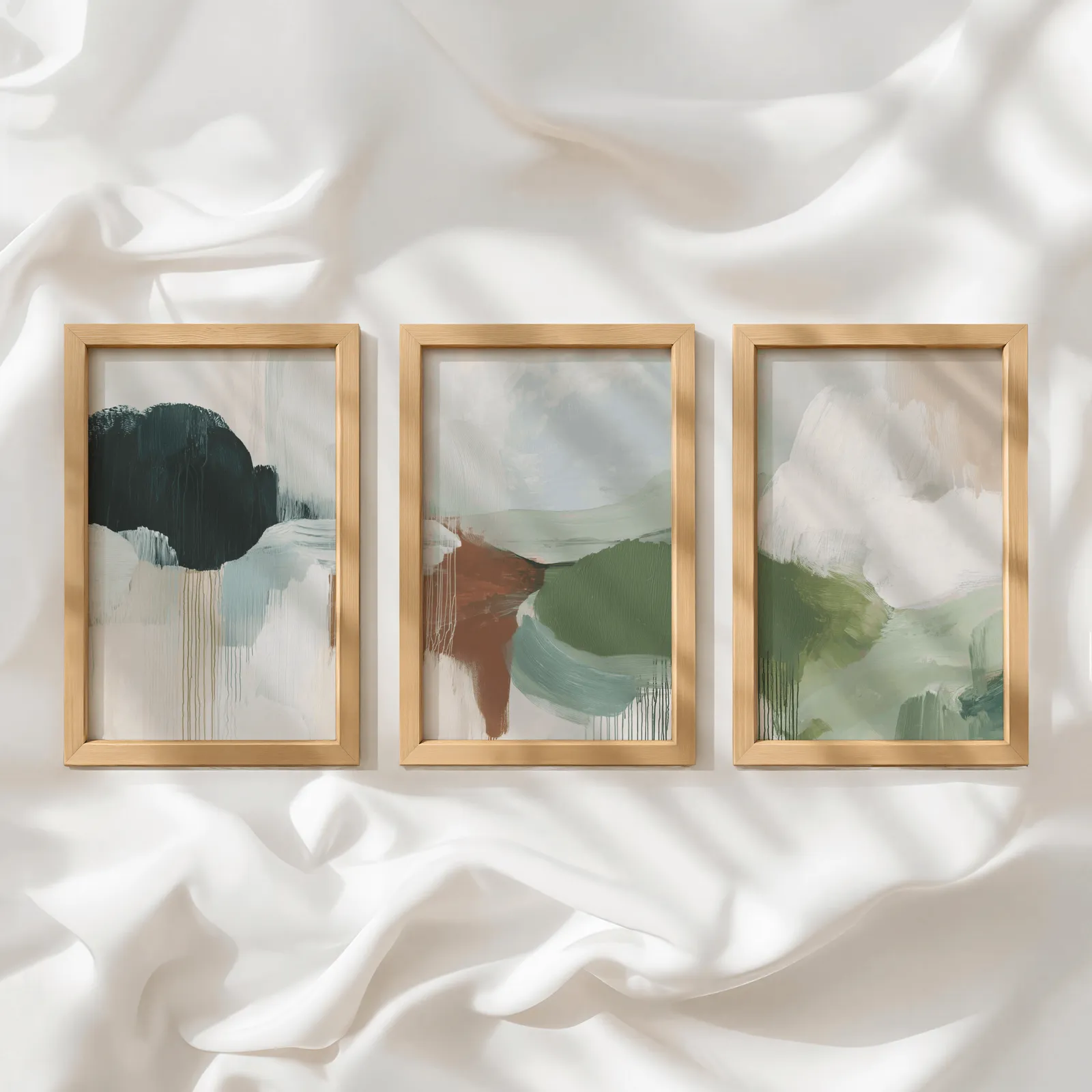 green terracotta abstract wall art set of 3, in a row atop rumpled white silky fabric