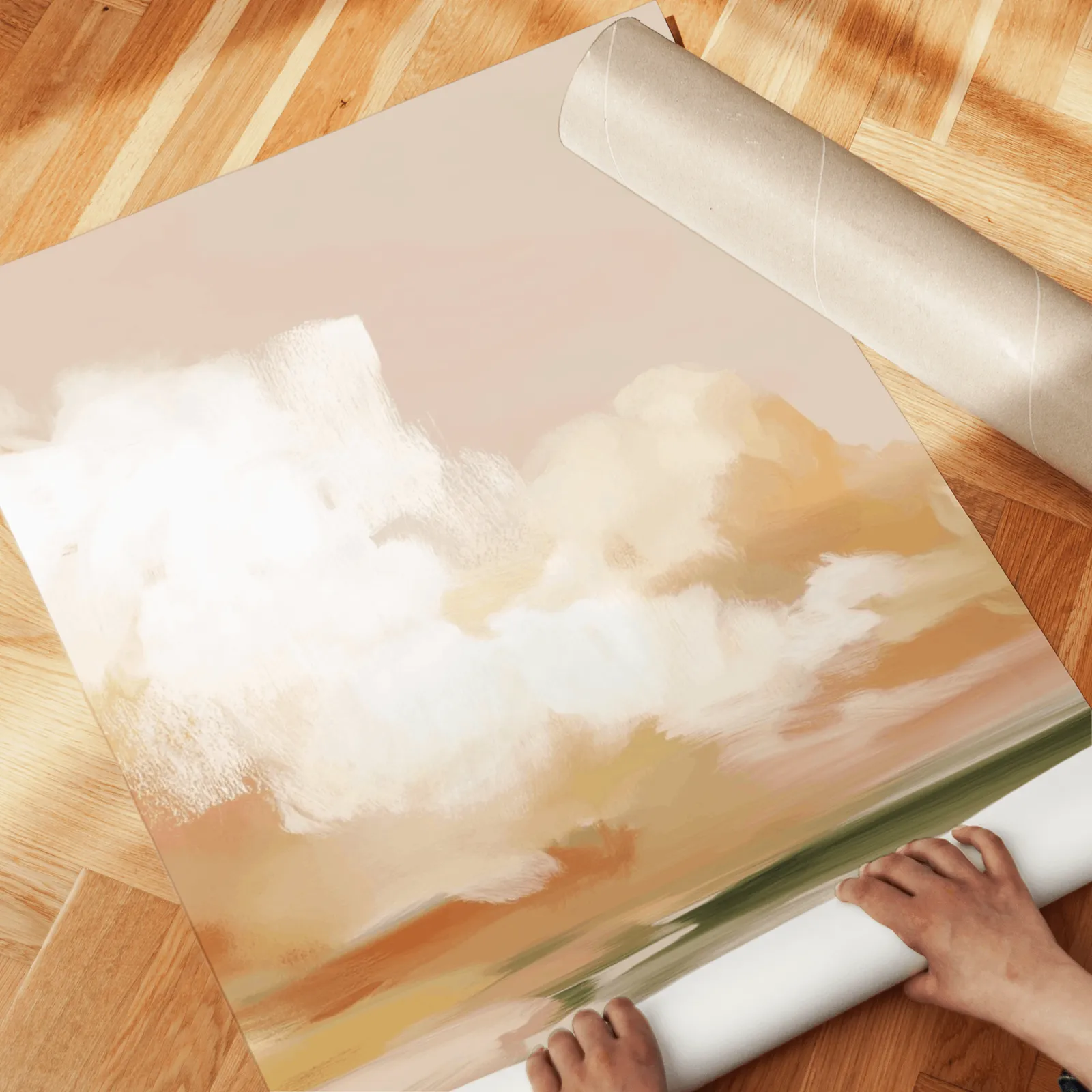 terracotta coastal landscape triptych wall art, unrolled across a herringbone wood floor by hand