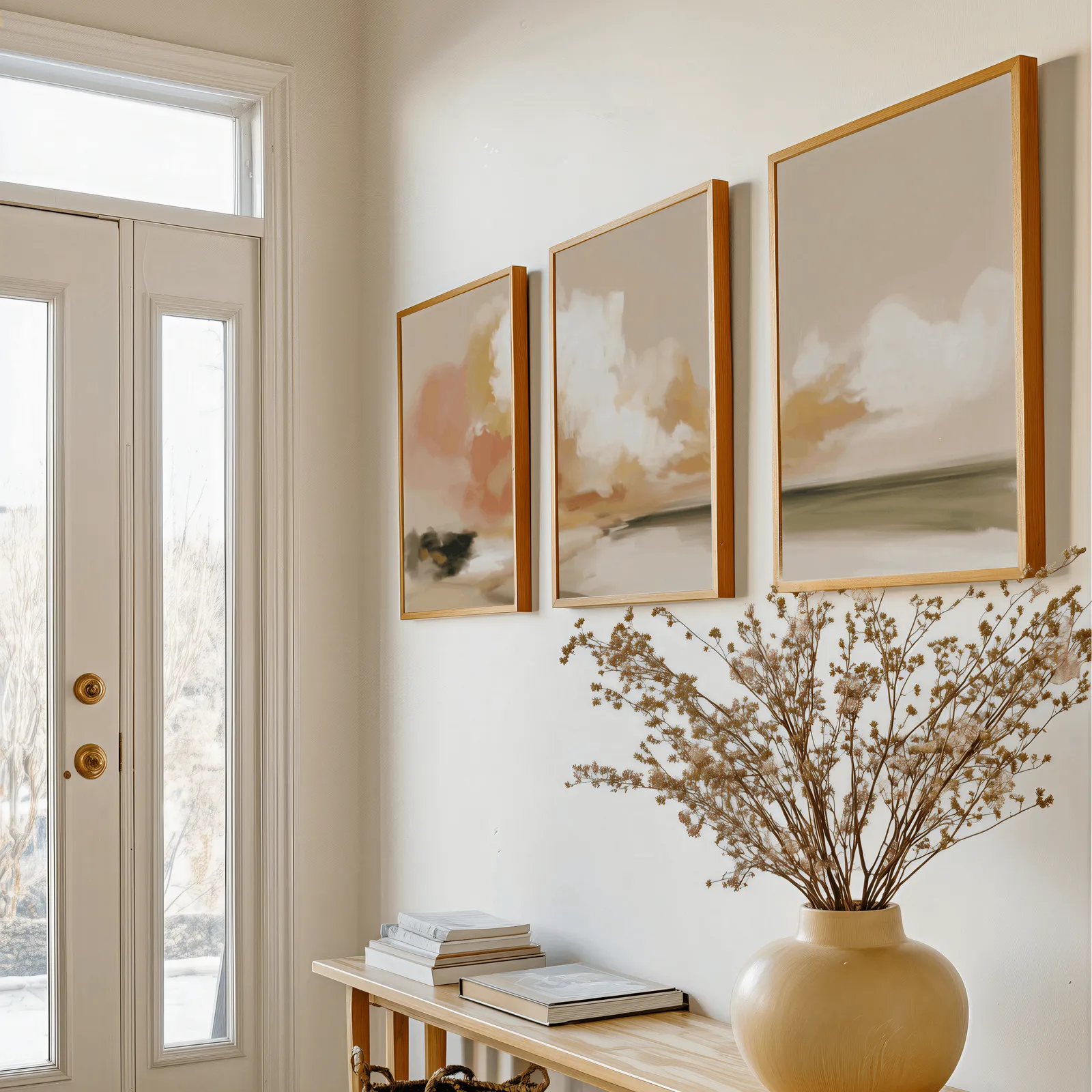 terracotta coastal landscape triptych wall art, above a console table with a yellow vase of dried branches