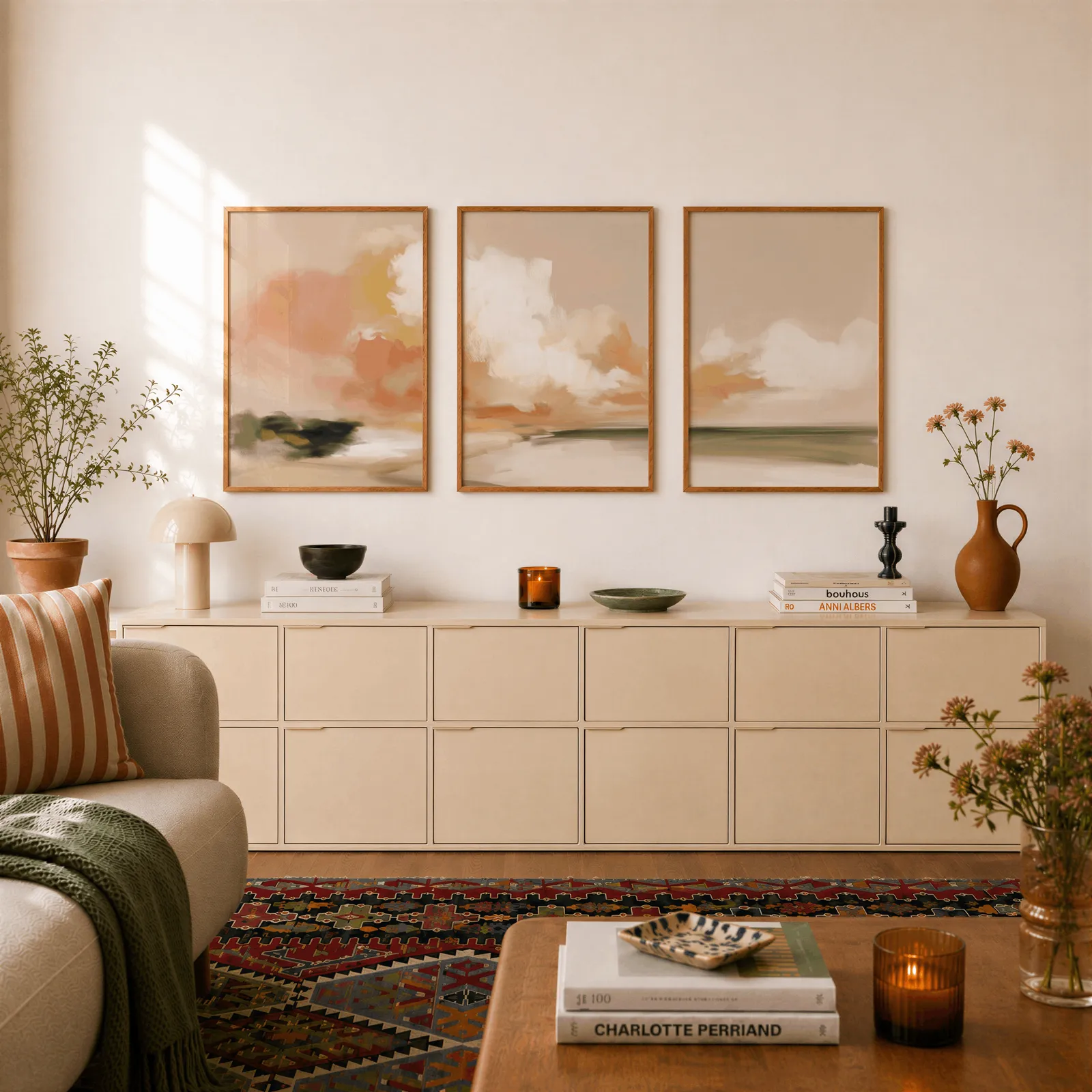 terracotta coastal landscape triptych wall art, above a long cream sideboard topped with books and a terracotta jug