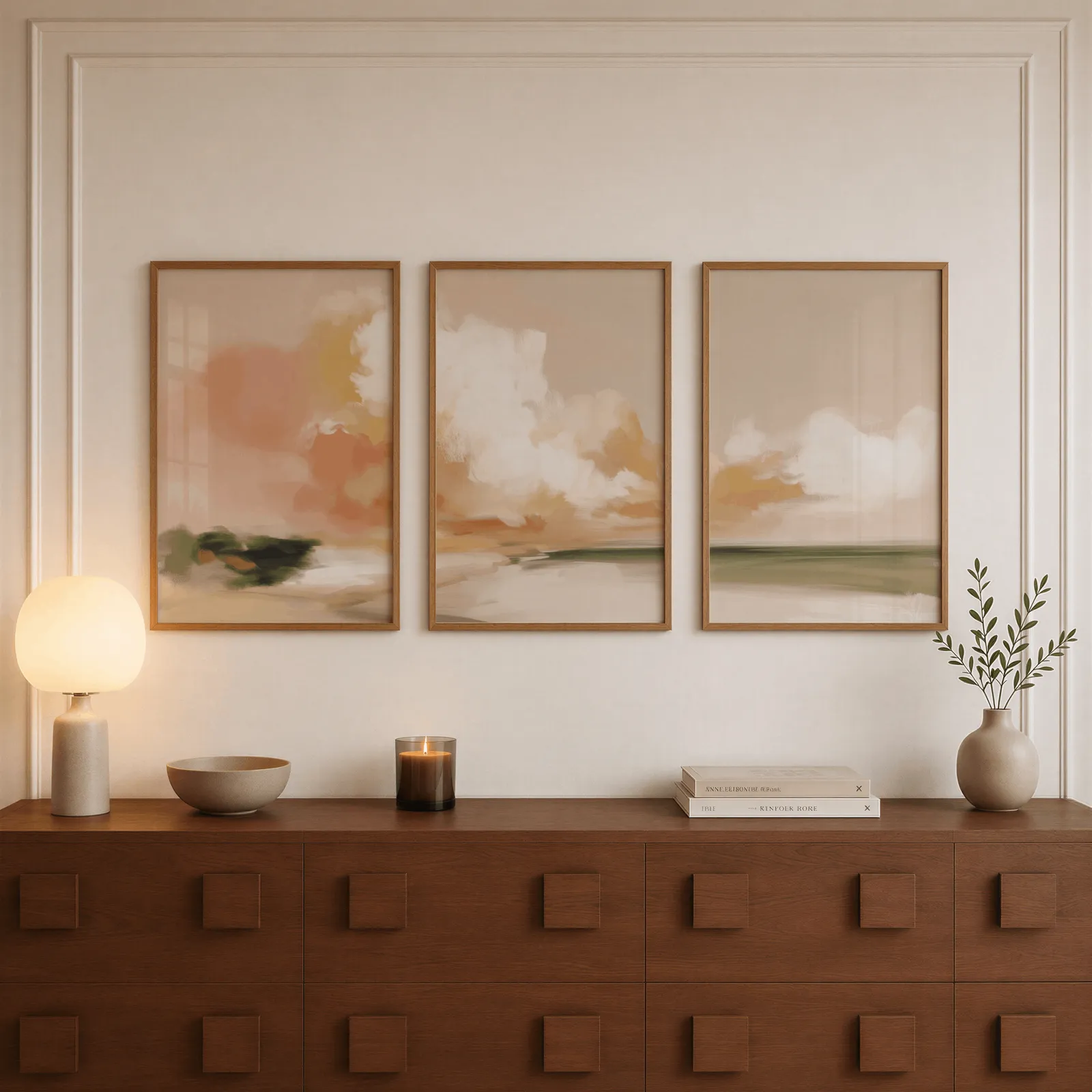 terracotta coastal landscape triptych wall art, above a walnut sideboard with a lit candle and glowing lamp