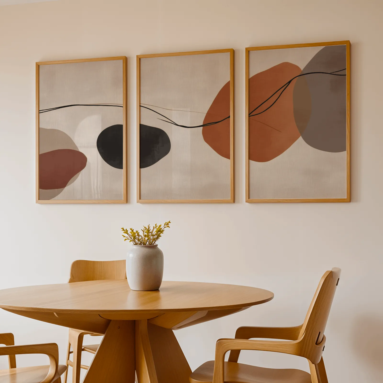 terracotta abstract set of 3 wall art, above a round wooden table with a stoneware vase