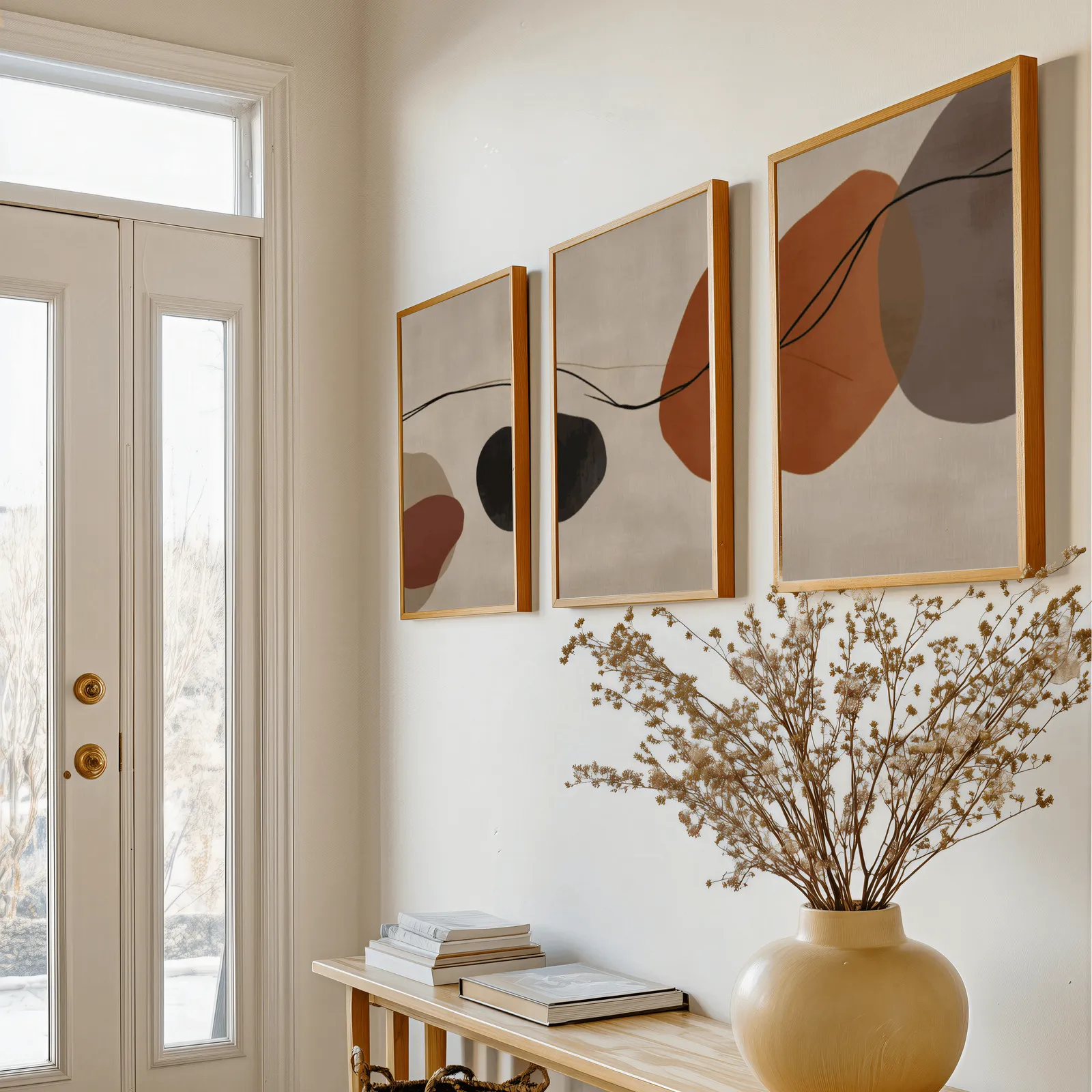 terracotta abstract set of 3 wall art, above a console table with a yellow vase of dried branches