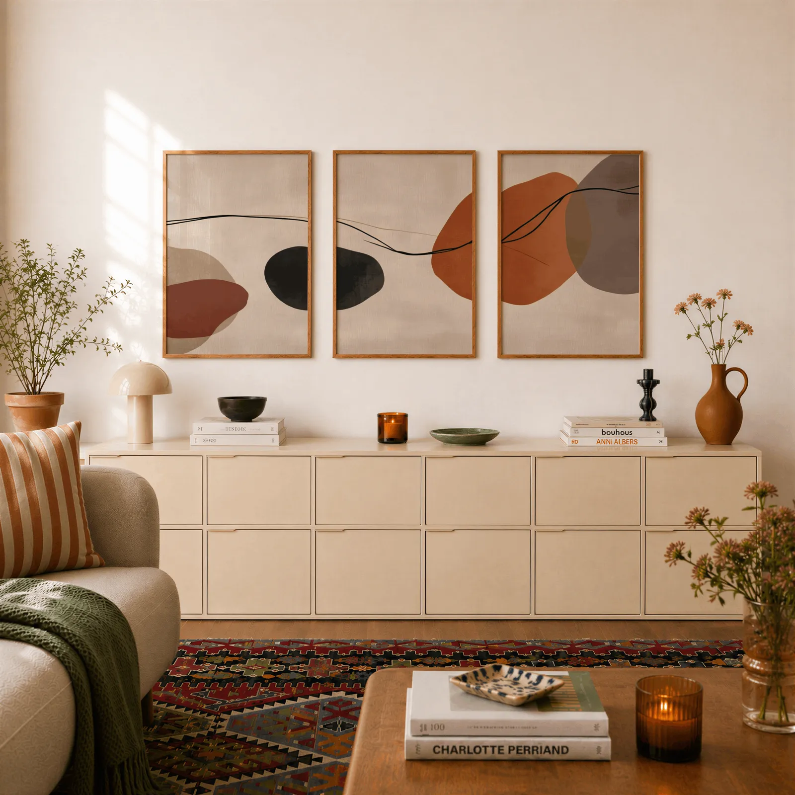 terracotta abstract set of 3 wall art, above a long cream sideboard topped with books and a terracotta jug