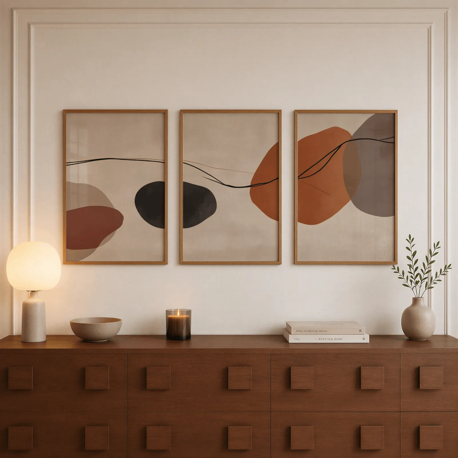 terracotta abstract set of 3 wall art, above a walnut sideboard with a lit candle and glowing lamp