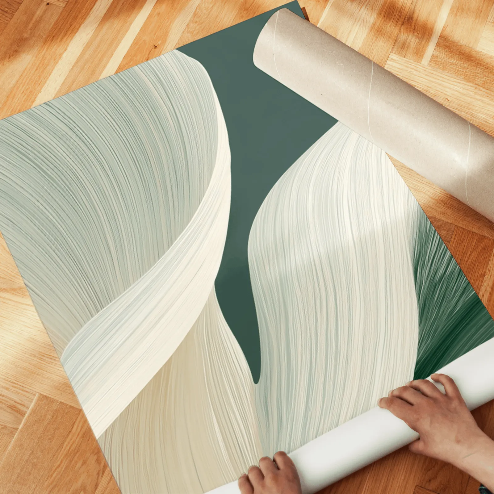 green abstract three piece wall art, unrolled across a herringbone wood floor by hand
