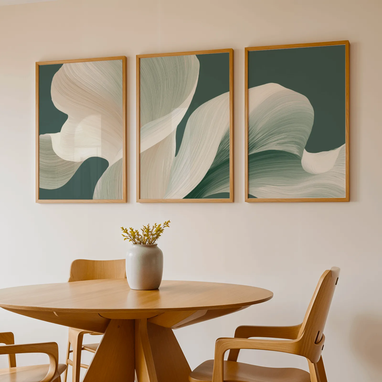 green abstract three piece wall art, above a round wooden table with a stoneware vase