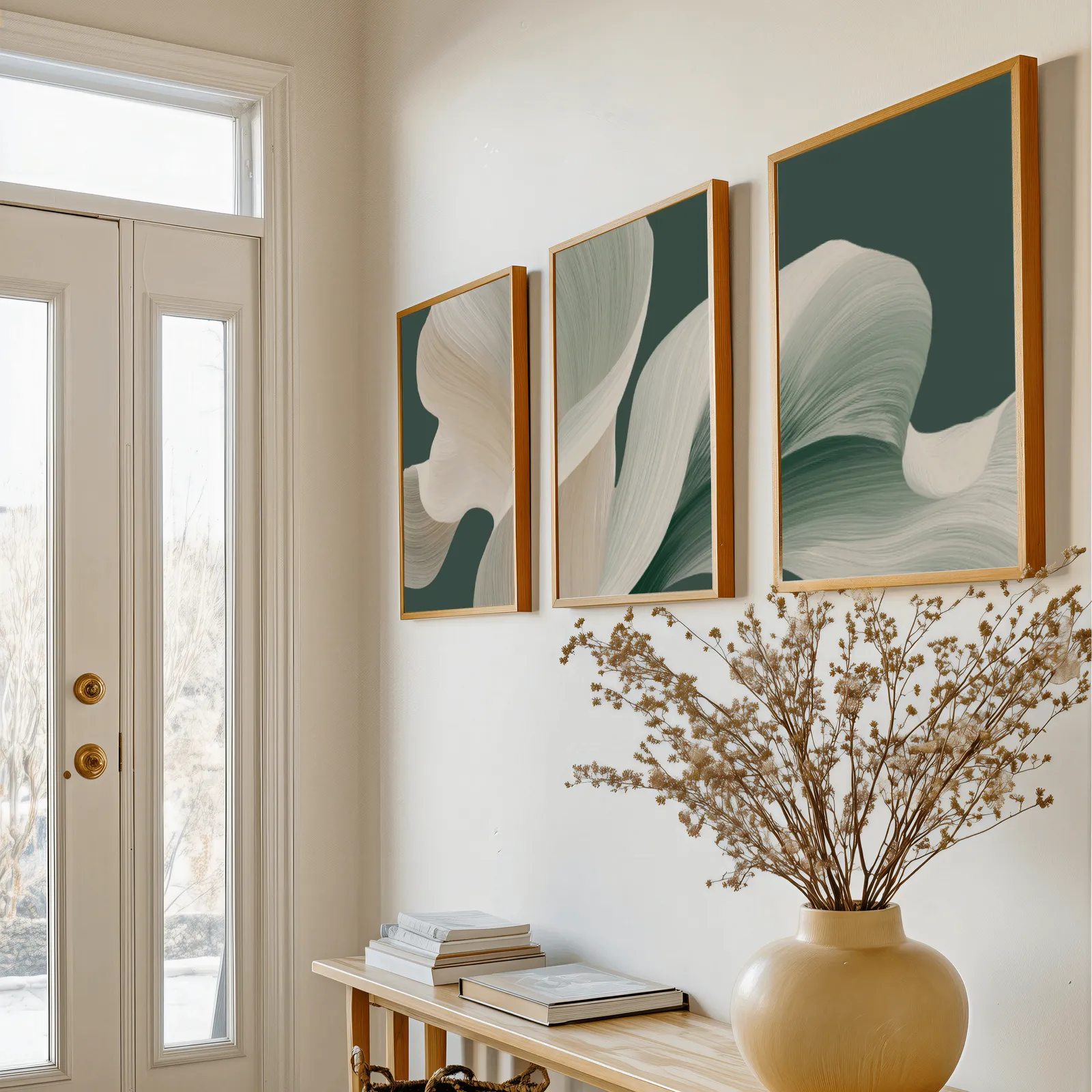 green abstract three piece wall art, above a console table with a yellow vase of dried branches
