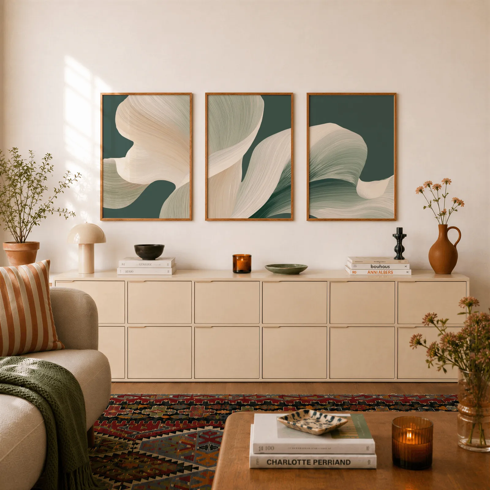 green abstract three piece wall art, above a long cream sideboard topped with books and a terracotta jug
