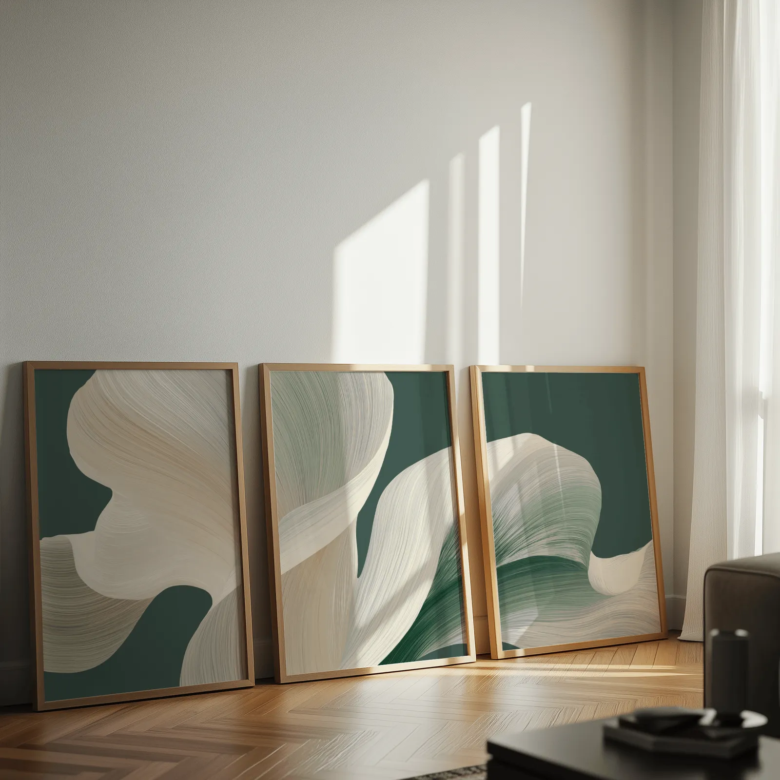 green abstract three piece wall art, leaning against a sunlit wall on herringbone flooring