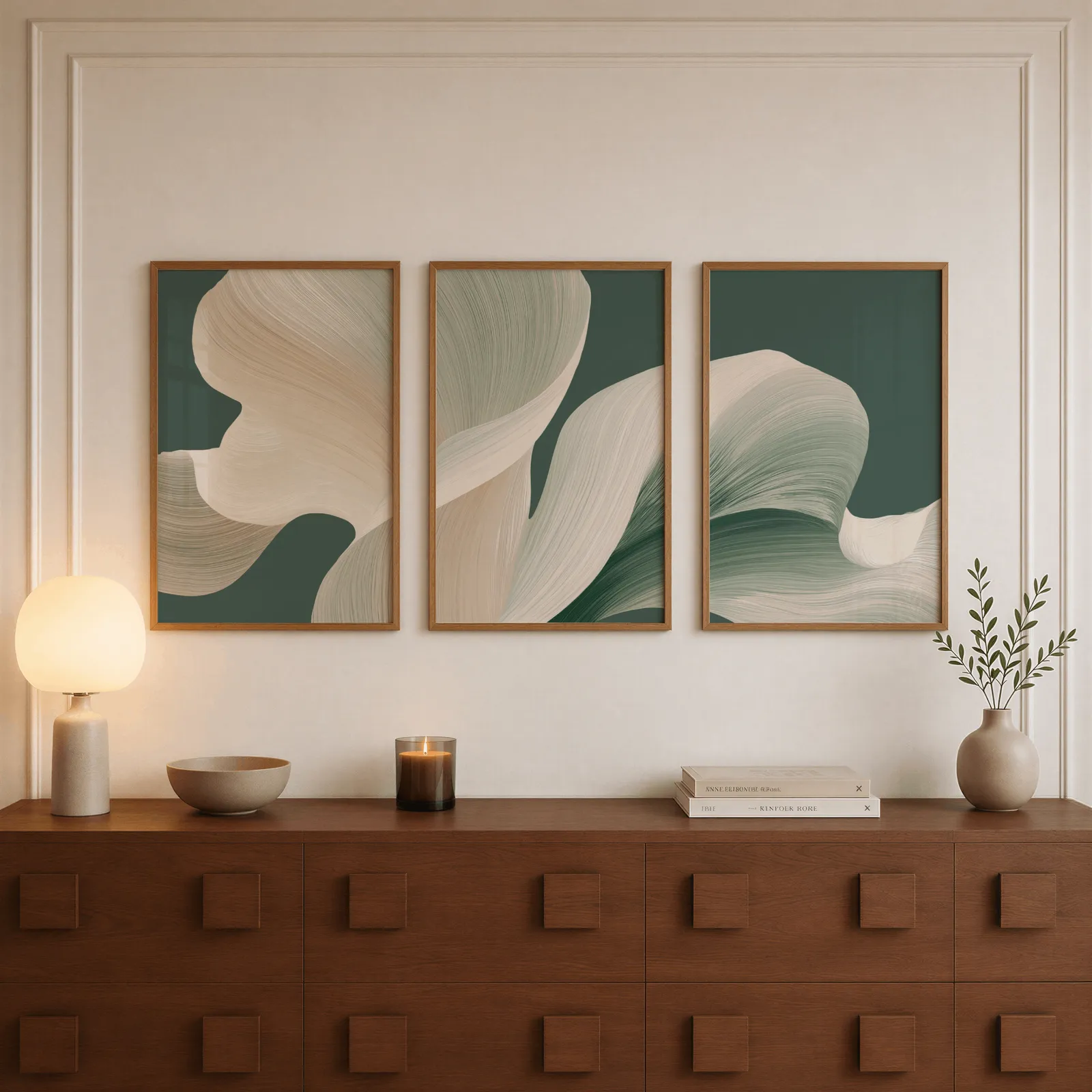 green abstract three piece wall art, above a walnut sideboard with a lit candle and glowing lamp